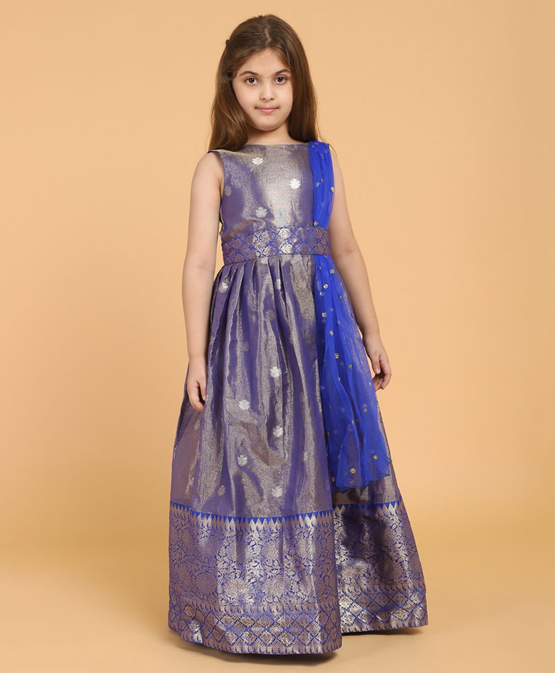 Piccolo Sleeveless Motif & Heavy Hem Floral Zari Detailing Pleated Dress With Attached Belt & Sequin Embellished Dupatta - Blue-picture-18