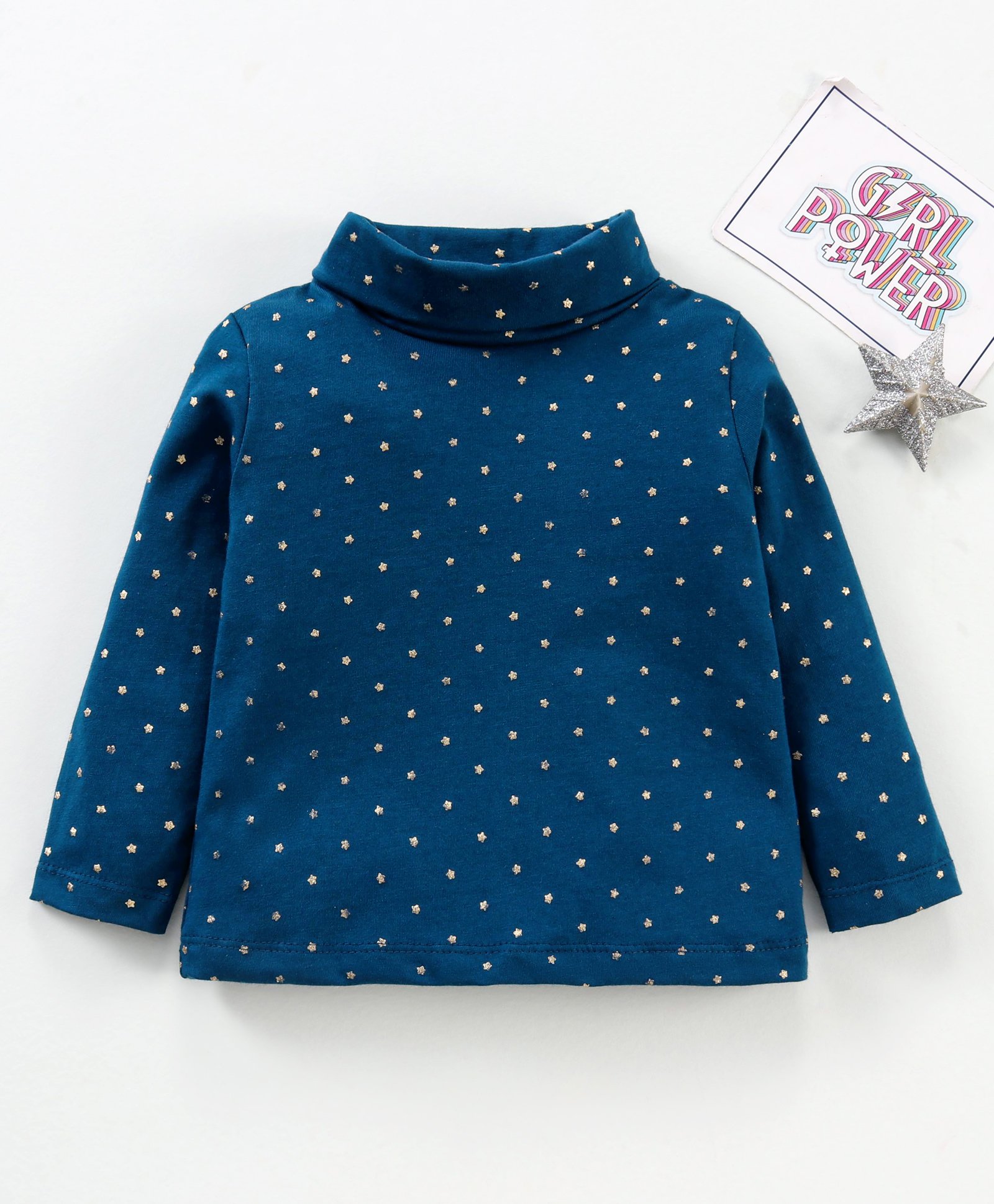 Babyhug Cotton Lycra Full Sleeves Star Printed Skivi Top - Blue-image-4