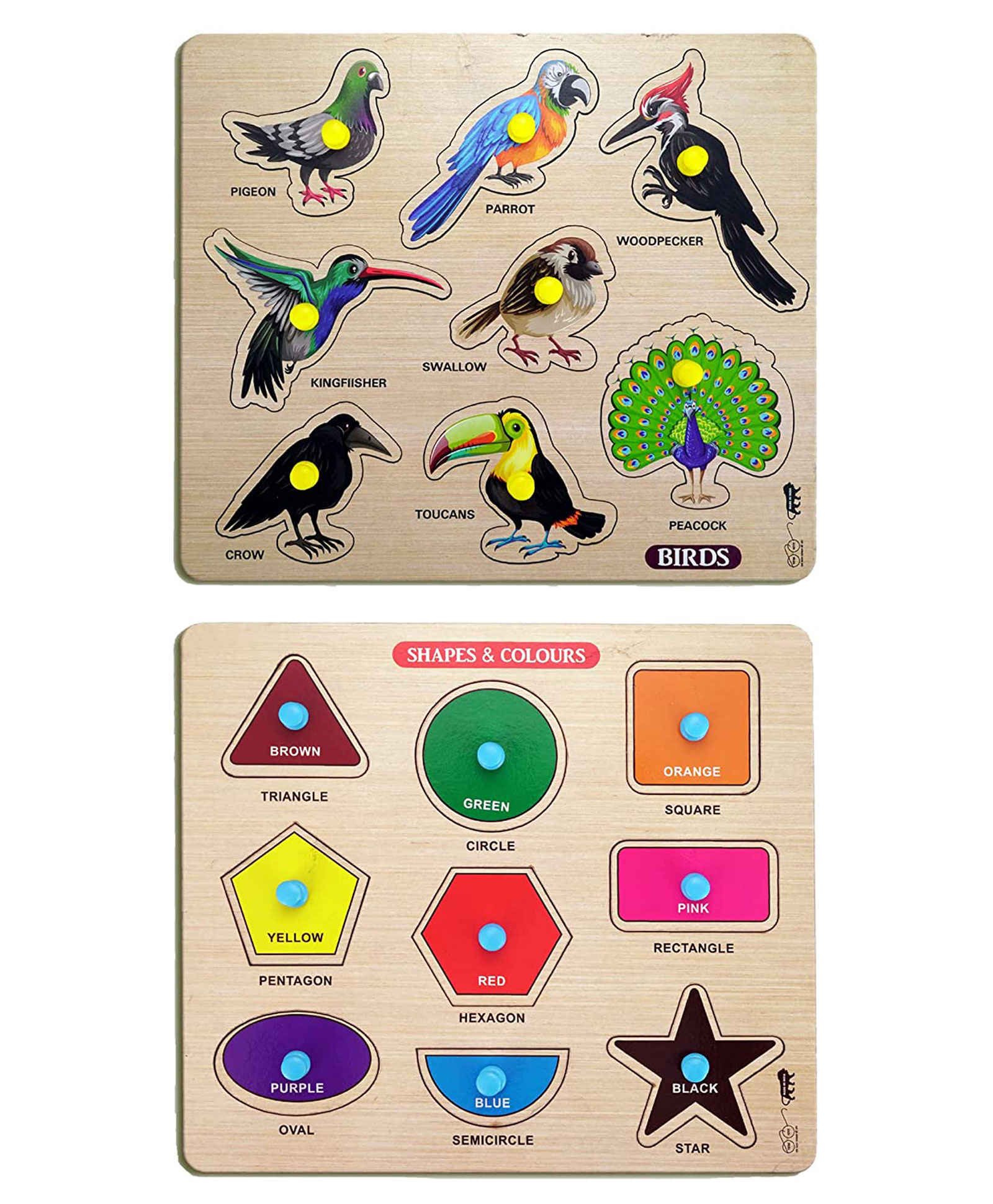 Enorme Mini Wooden Shape , Colors and Birds Puzzle with Knobs Multicolour - 17 Pieces-picture-6