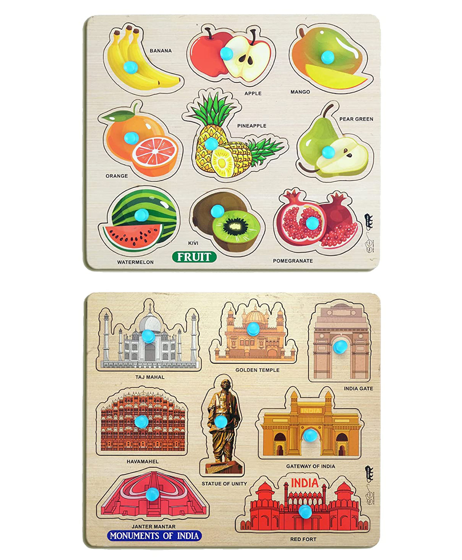 Enorme Mini Wooden Monuments and Fruits Puzzle with Knobs Multicolour - 17 Pieces-image-32