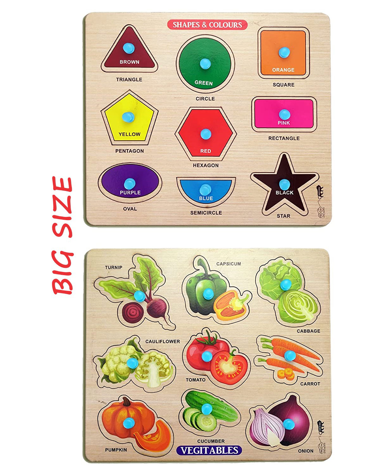 Enorme Big Wooden Shape Colors and Vegetables Puzzle With Knobs Educational And Learning Game  Multicolour - 18 Pieces-image-37