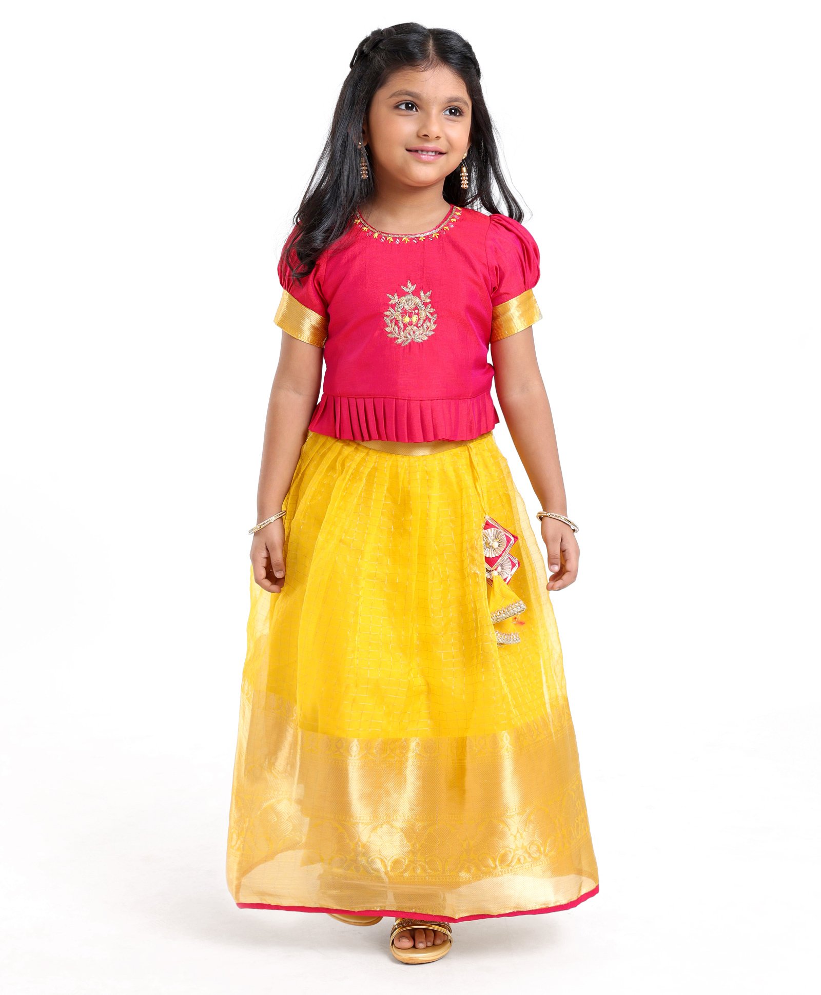 Teentaare Short Sleeves Embroidered Lehenga Choli - Yellow Pink-image-14