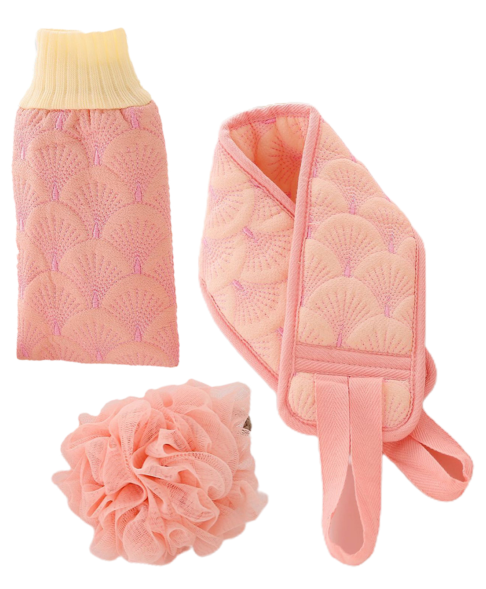 SYGA Sponge Bath Towel Pull Back Strap and Flower Bath Gloves Pack of 3 - Pink-image-40