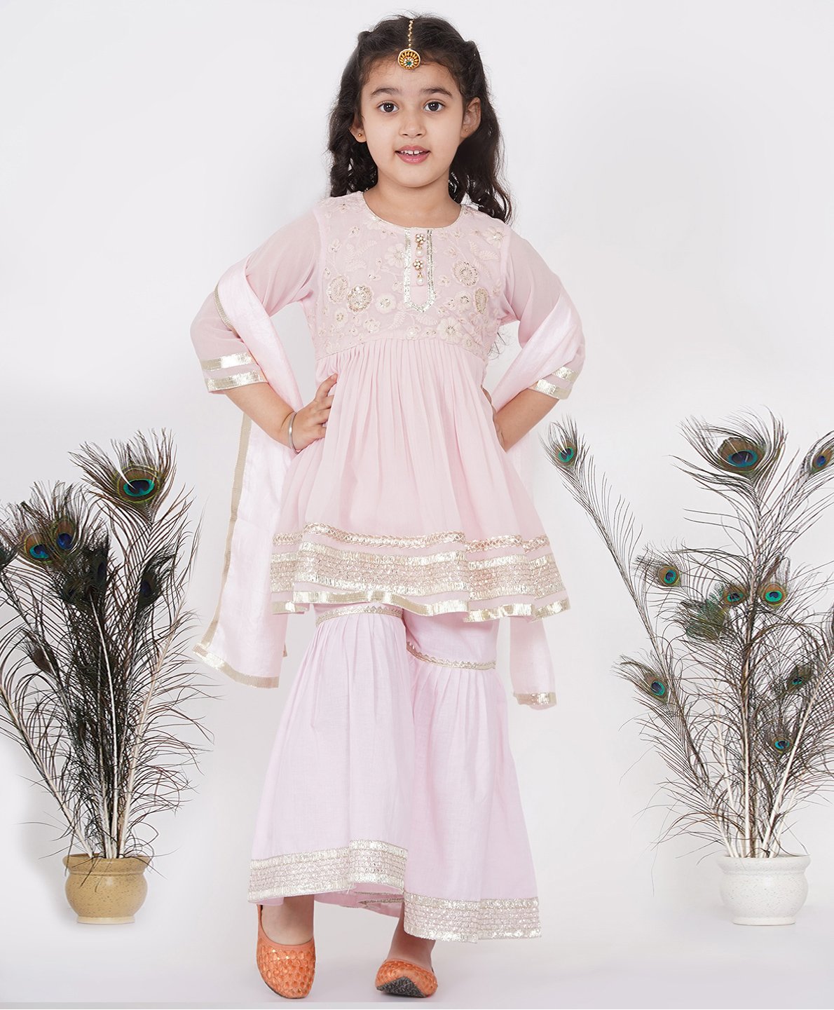 Little Bansi Three Fourth Sleeves Lace & Gota Patti Floral Embroidered Yoke Frill Kurta With Sharara & Sequin Embellished Dupatta - Pink-picture-43