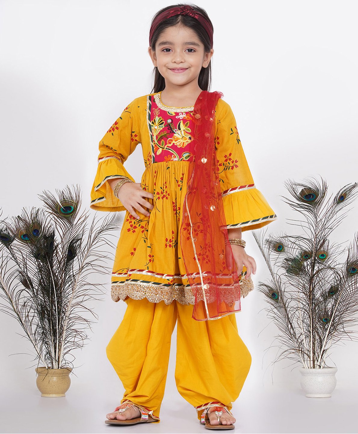 Little Bansi Full Bell Sleeves Jaipuri Lace & Patch Work Yoke Floral Printed Pleated Kurta With Solid Dhoti & Sequin Embellished Dupatta - Yellow-picture-17