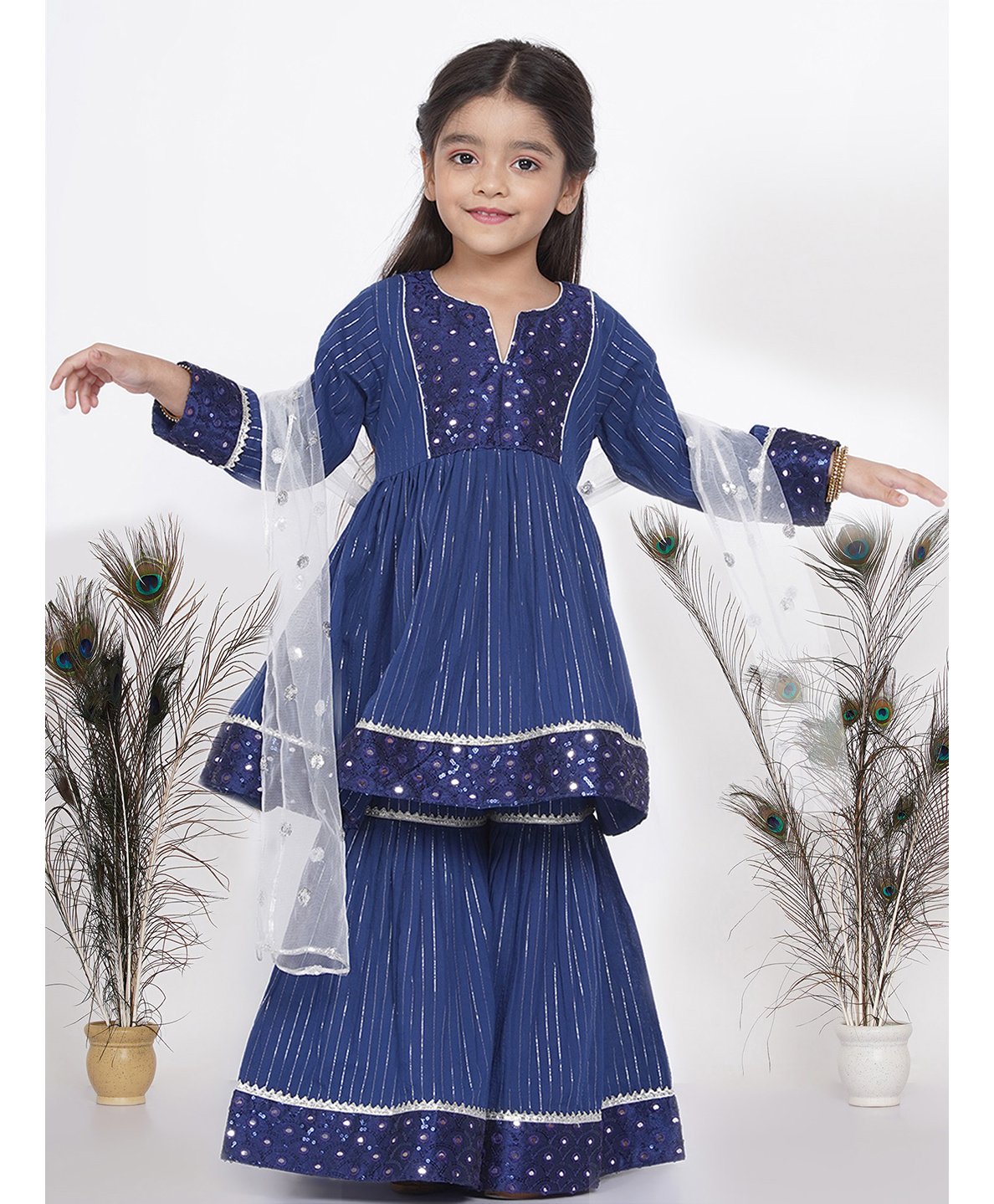 Little Bansi Full Sleeves Sequin Mirror Work Yoke Gathered Kurta With Sharara & Dupatta - Blue-image-46