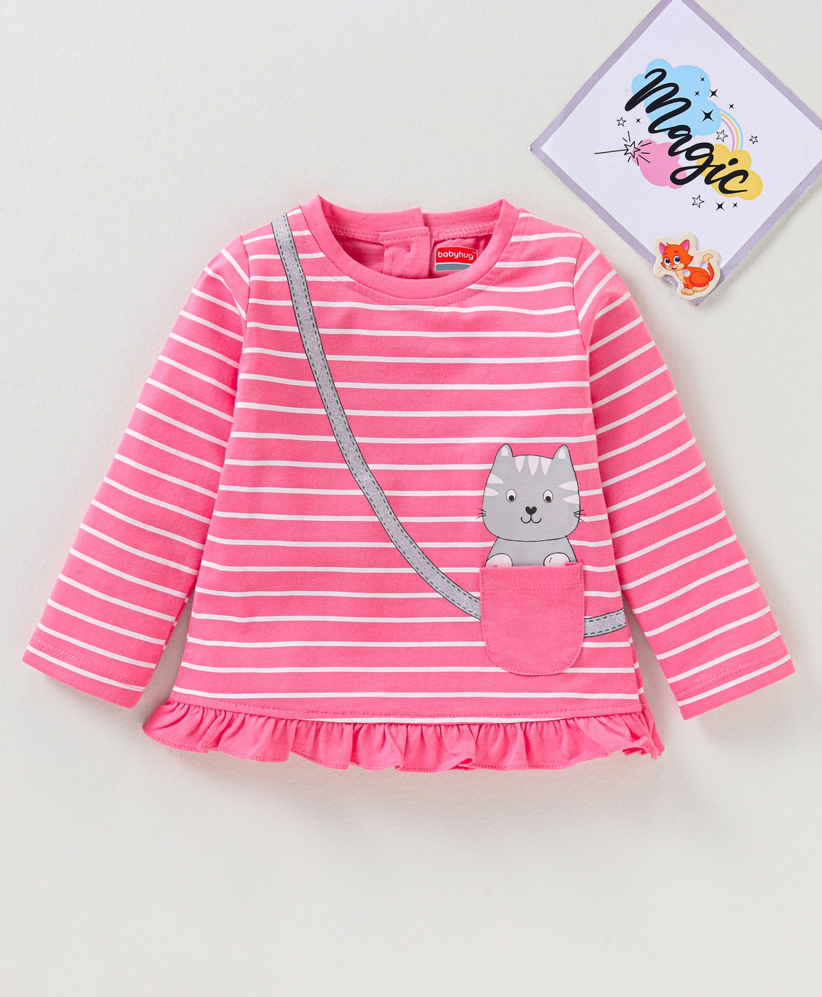 Babyhug Cotton Knit Full Sleeves T-Shirt with Patch Pocket Stripes and Kitty Print - Pink-image-2