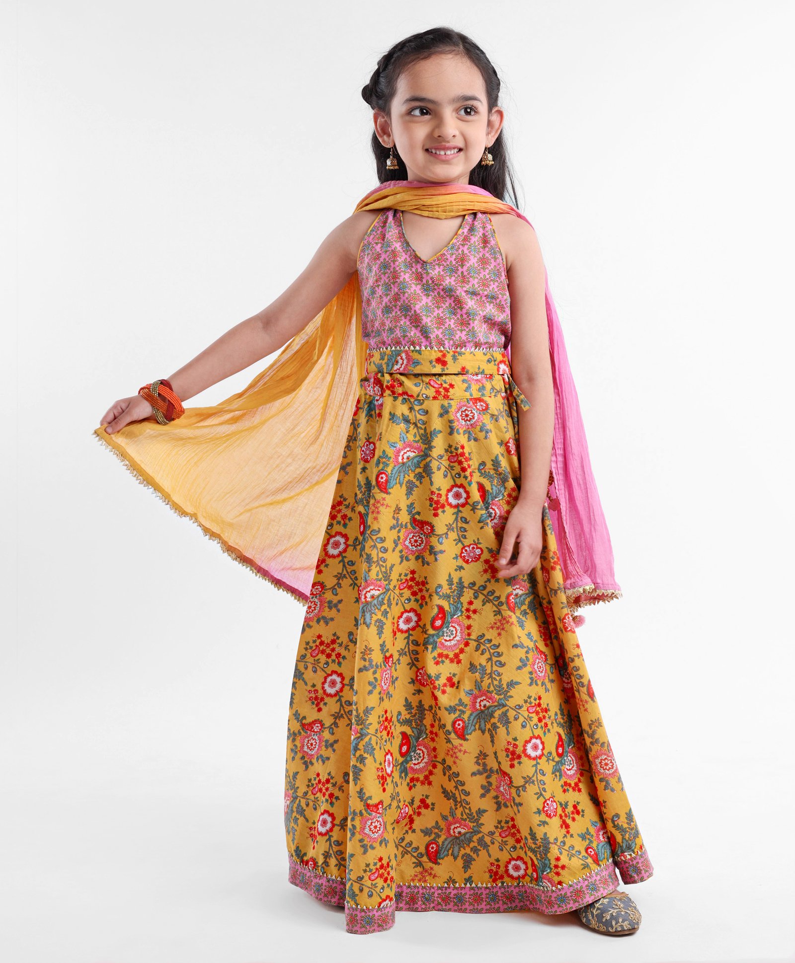 Exclusive from Jaipur Sleeveless Choli & Lehenga With Dupatta Floral Printed - Pink Mustard Yellow-image-42