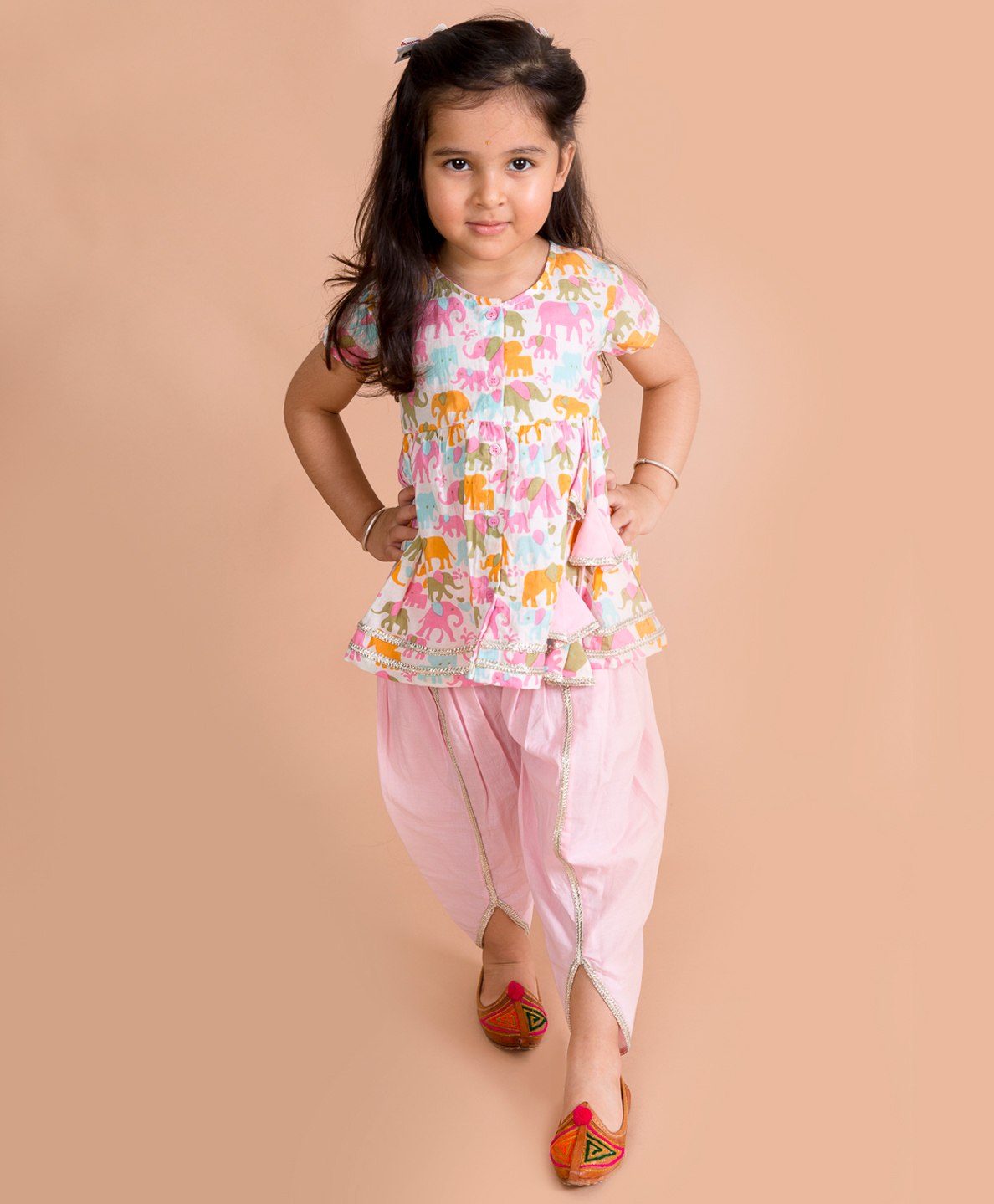 Pspeaches Short Sleeves Elephant Printed Kurta & Dhoti Set - Pink-image-18