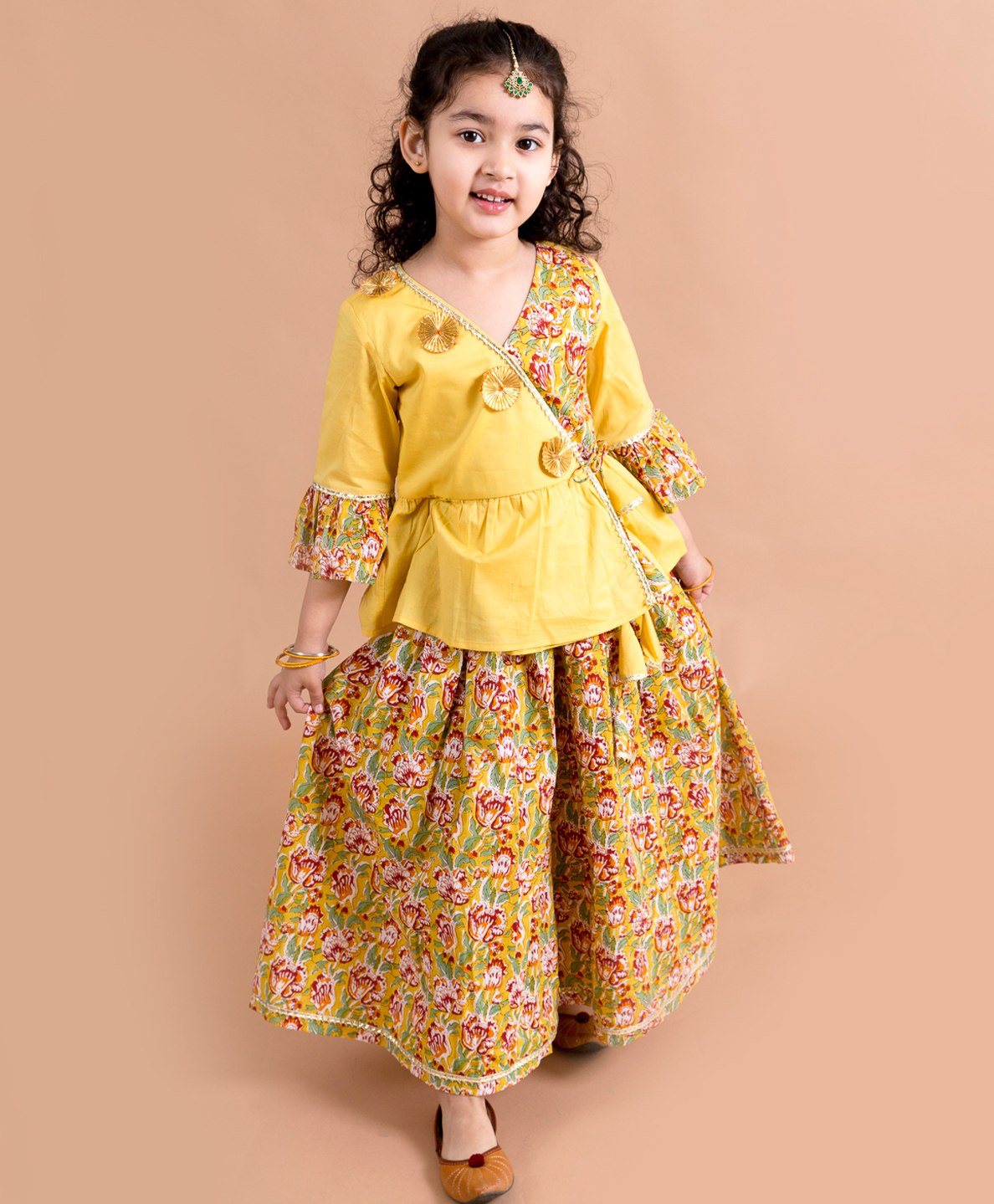 Pspeaches Three Fourth Bell Sleeves Floral Printed Kurta & Palazzo Set - Mustard Yellow-picture-15