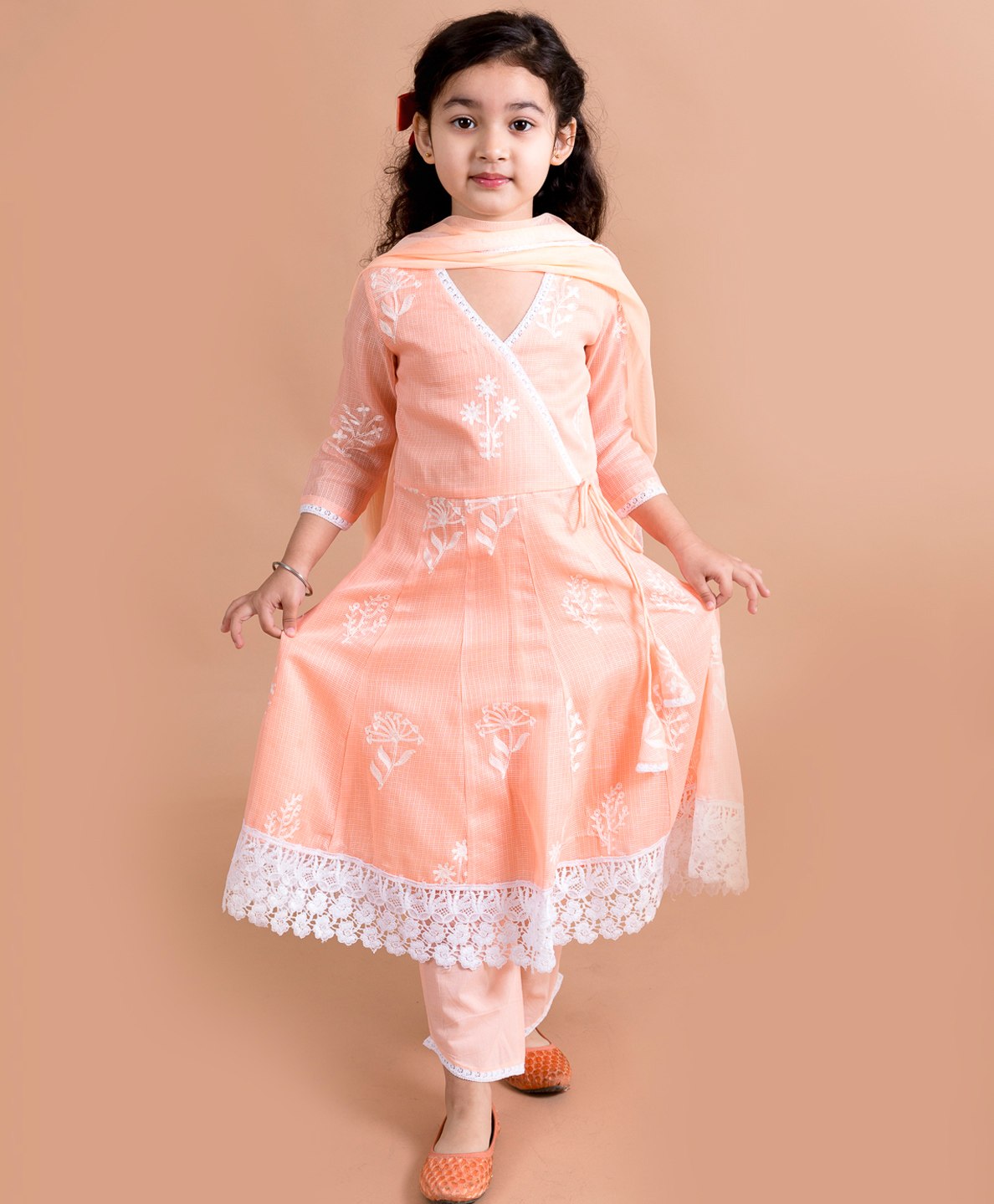 Pspeaches Three Fourth Sleeves Floral Embroidered Lace Trim Angrakha Style Flared Kurta & Pajama Set - Peach-image-49