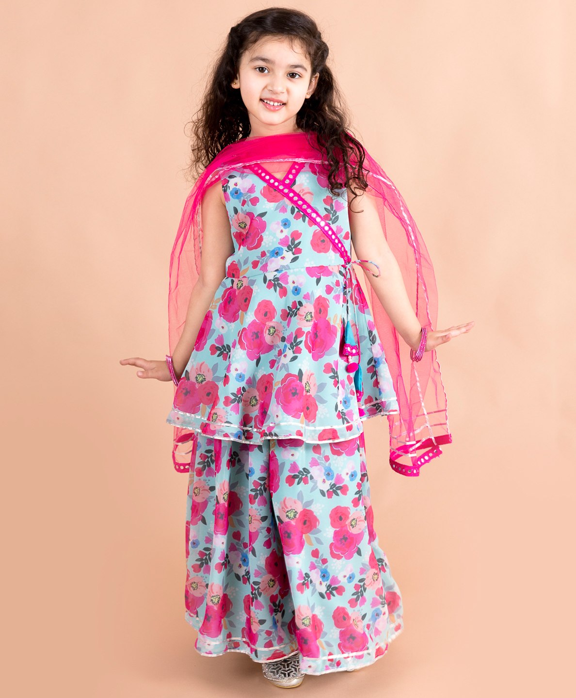 Pspeaches Sleeveless Mirror Lace Trim Embellished Floral Printed Angrakha Style Kurta & Sharara With Dupatta Set - Blue & Pink-picture-39