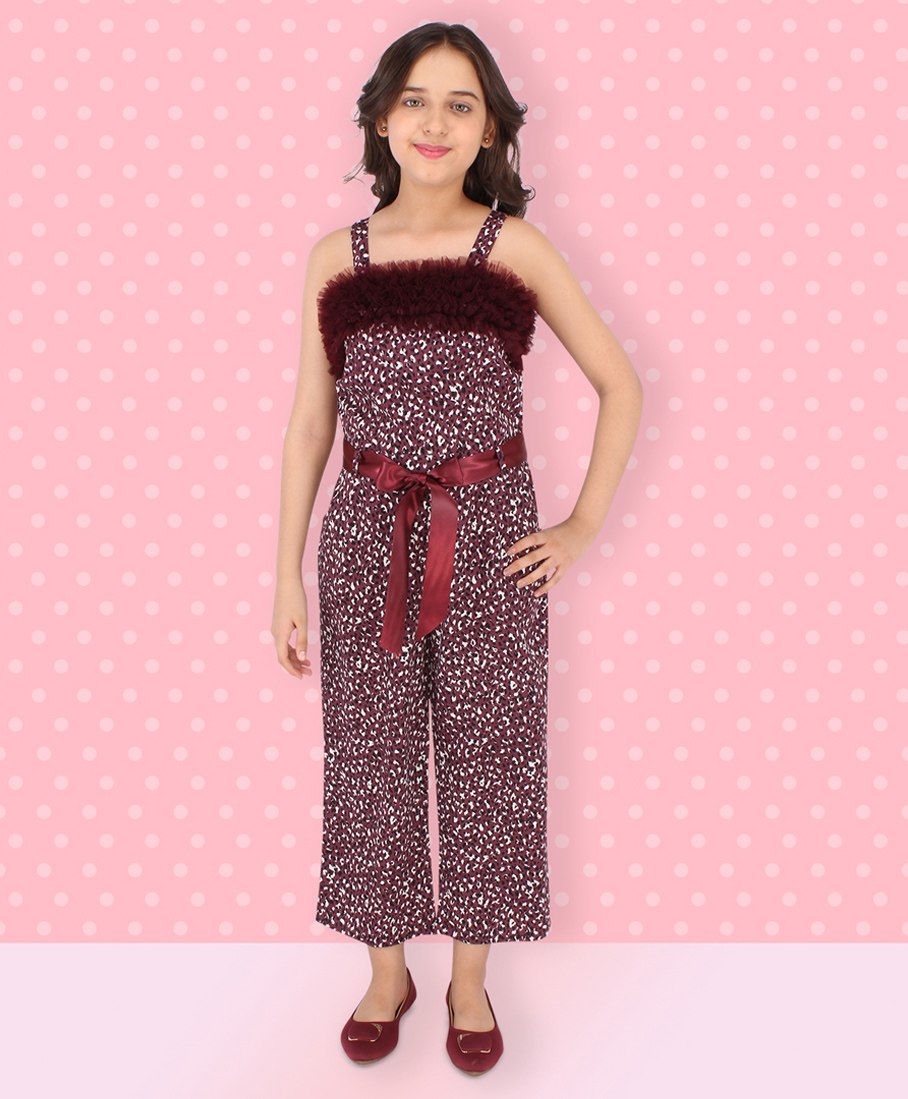 Cutecumber Sleeveless Animal Print Tulle Ruffled Neckline Detail Jumpsuit - Maroon-picture-17