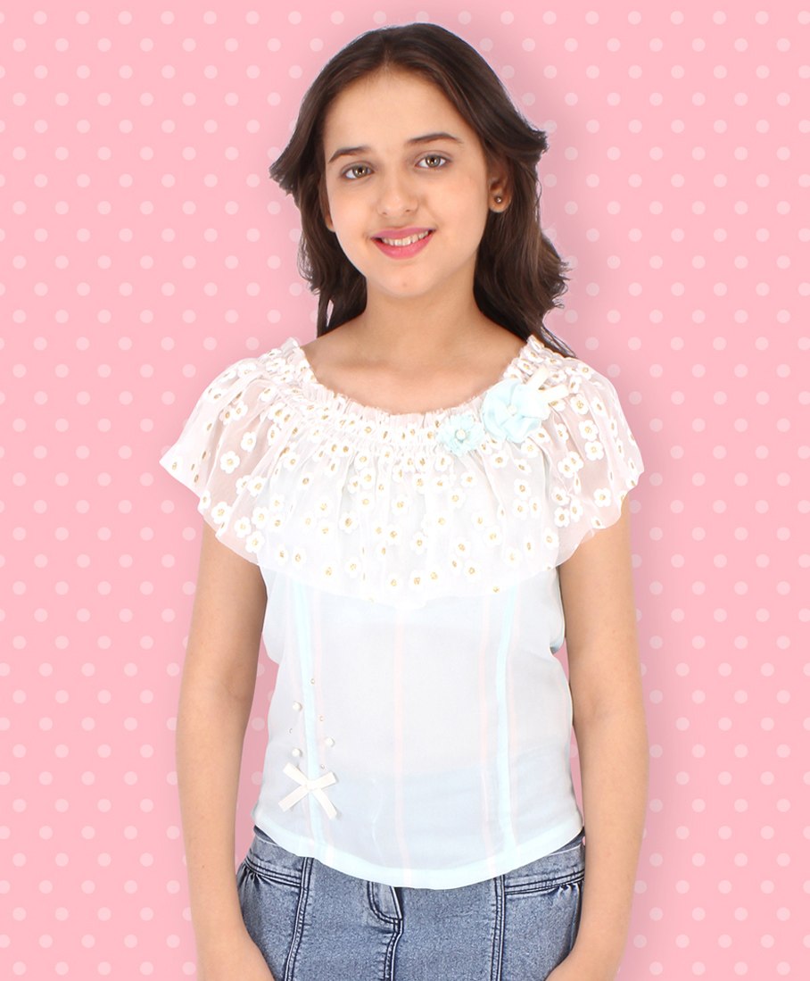 Cutecumber Short Sleeves Striped Pearls Embellished Cape Style Top - Blue-image-24