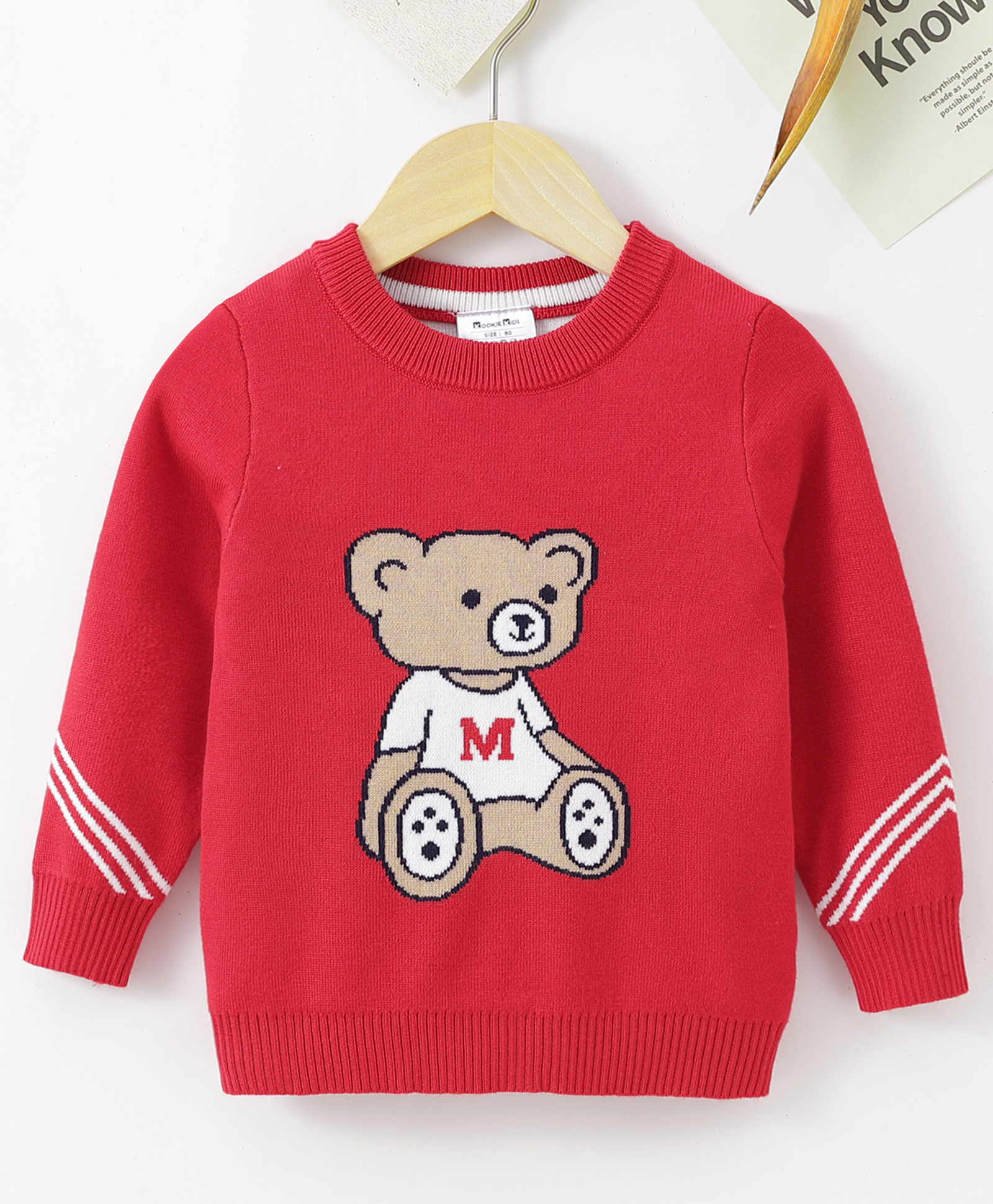 Kookie Kids Knitted Full Sleeves Pullover Sweater Teddy Bear Design - Red-image-10