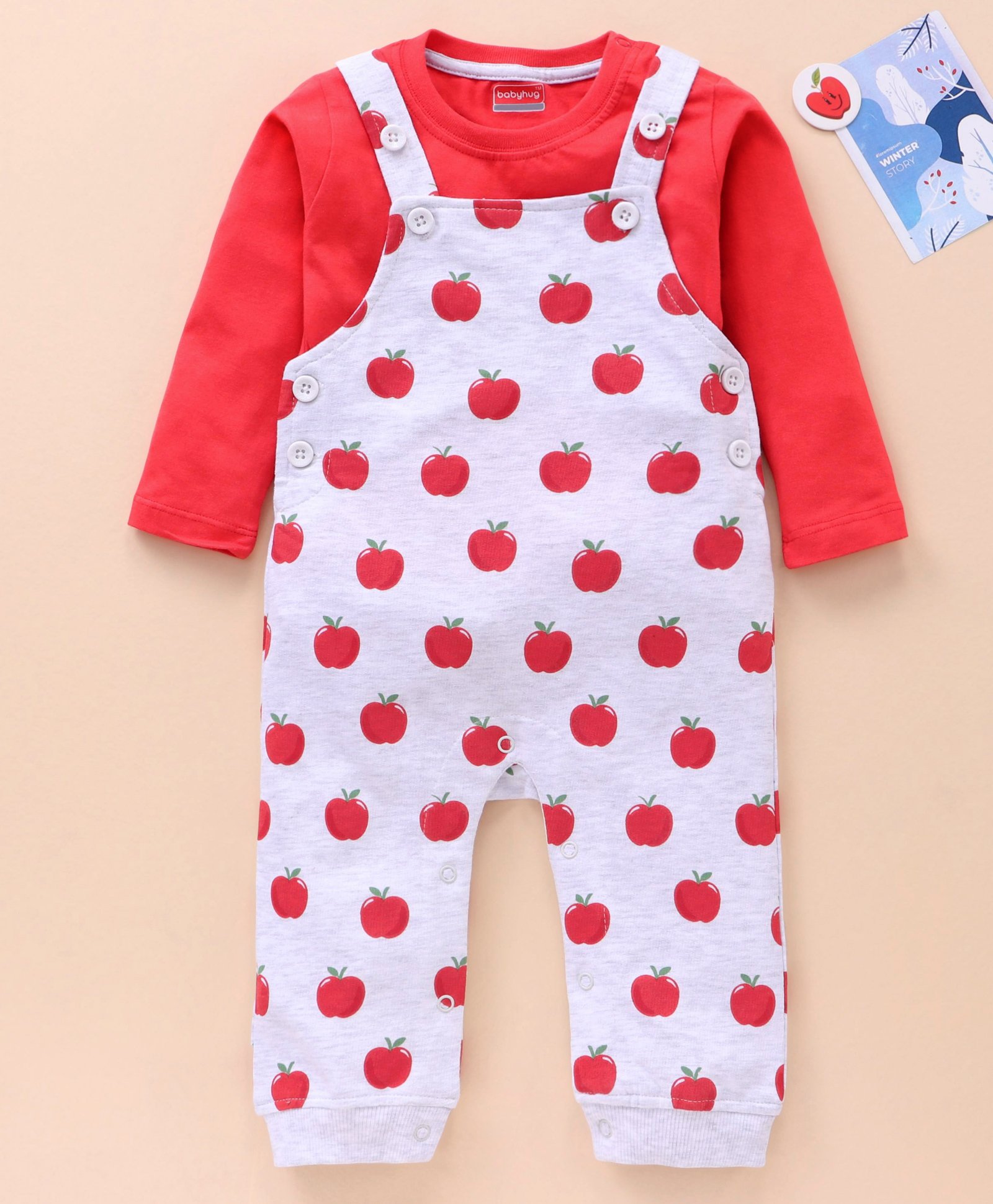 Babyhug Cotton Knit Full Sleeves Solid Tee & Apple Printed Dungaree - Red & Grey-image-14