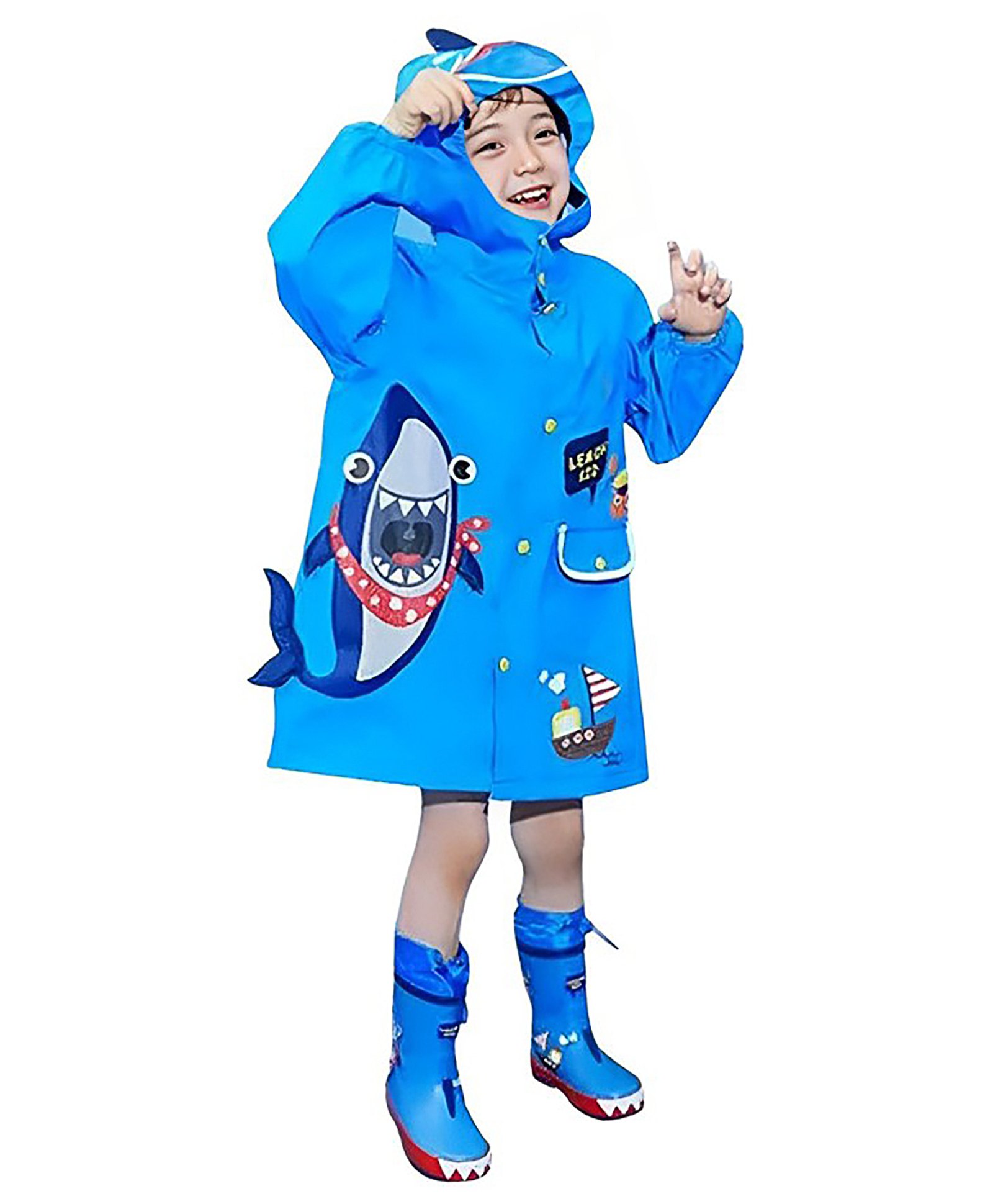Little Surprise Box Full Sleeves Shark Theme Hooded Rain Coat - Blue-picture-20