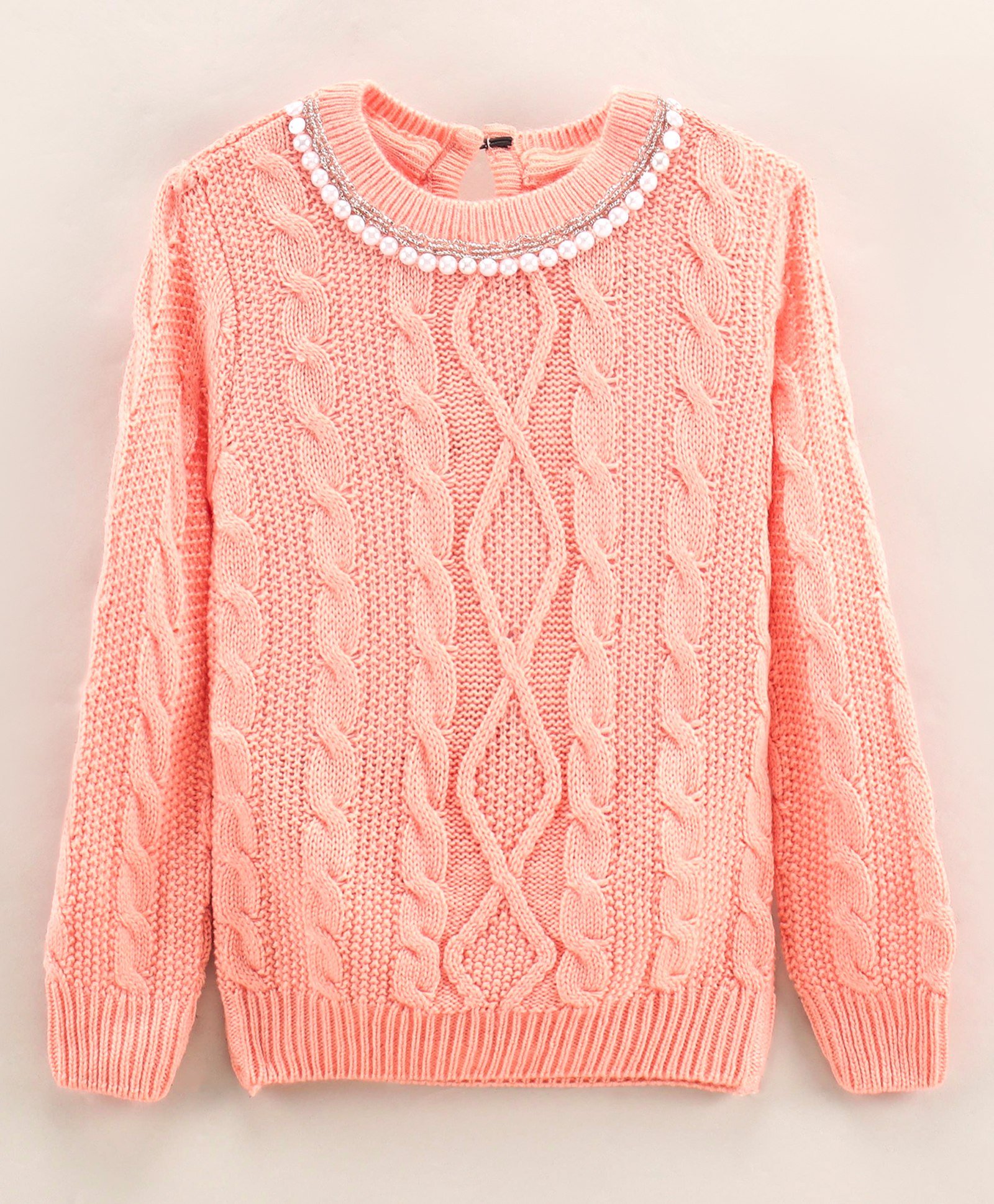 Yellow Apple Full Sleeves Cable Knit Sweater With Lace & Pearls Detailing- Peach-image-22
