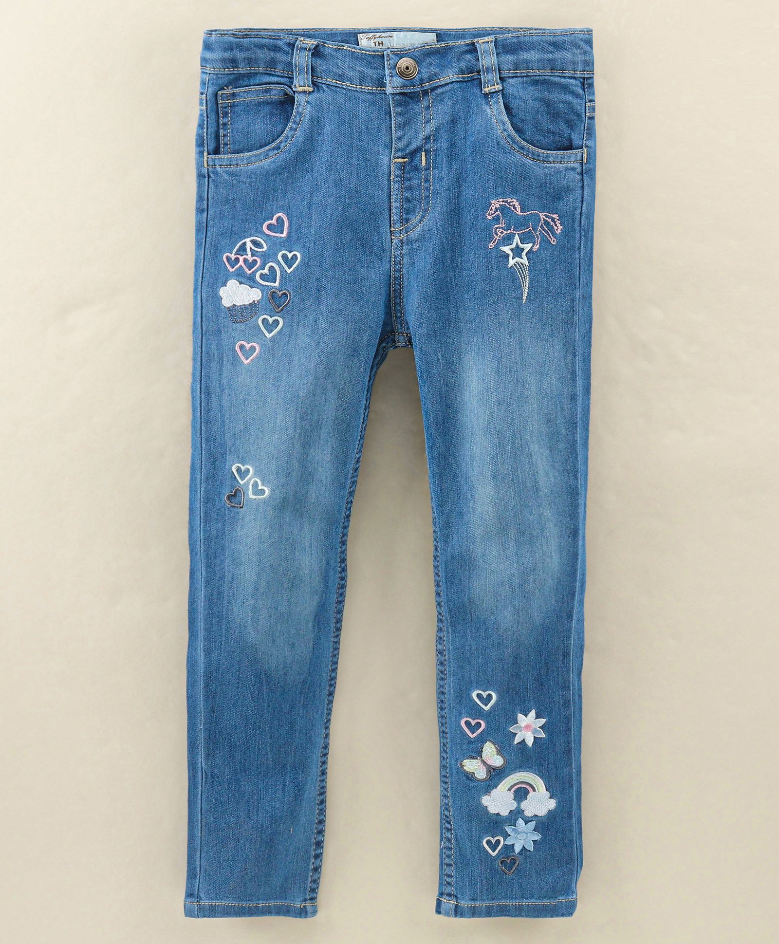 ToffyHouse Full Length  Medium Wash Denim Jeans  Heart Embroidered - Blue-picture-27