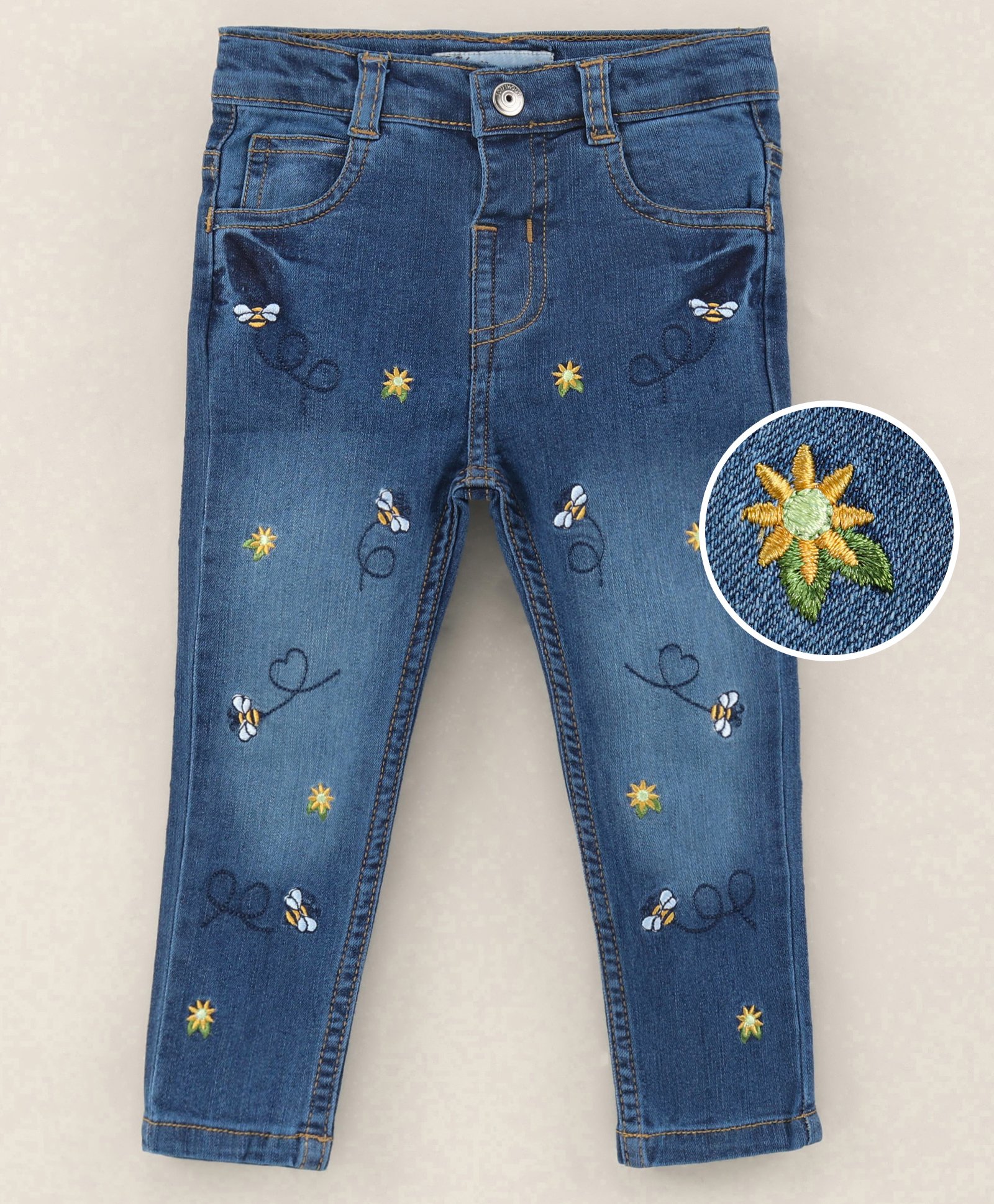 ToffyHouse Full Length  Medium Wash Denim Jeans  Floral Embroidered - Blue-image-34