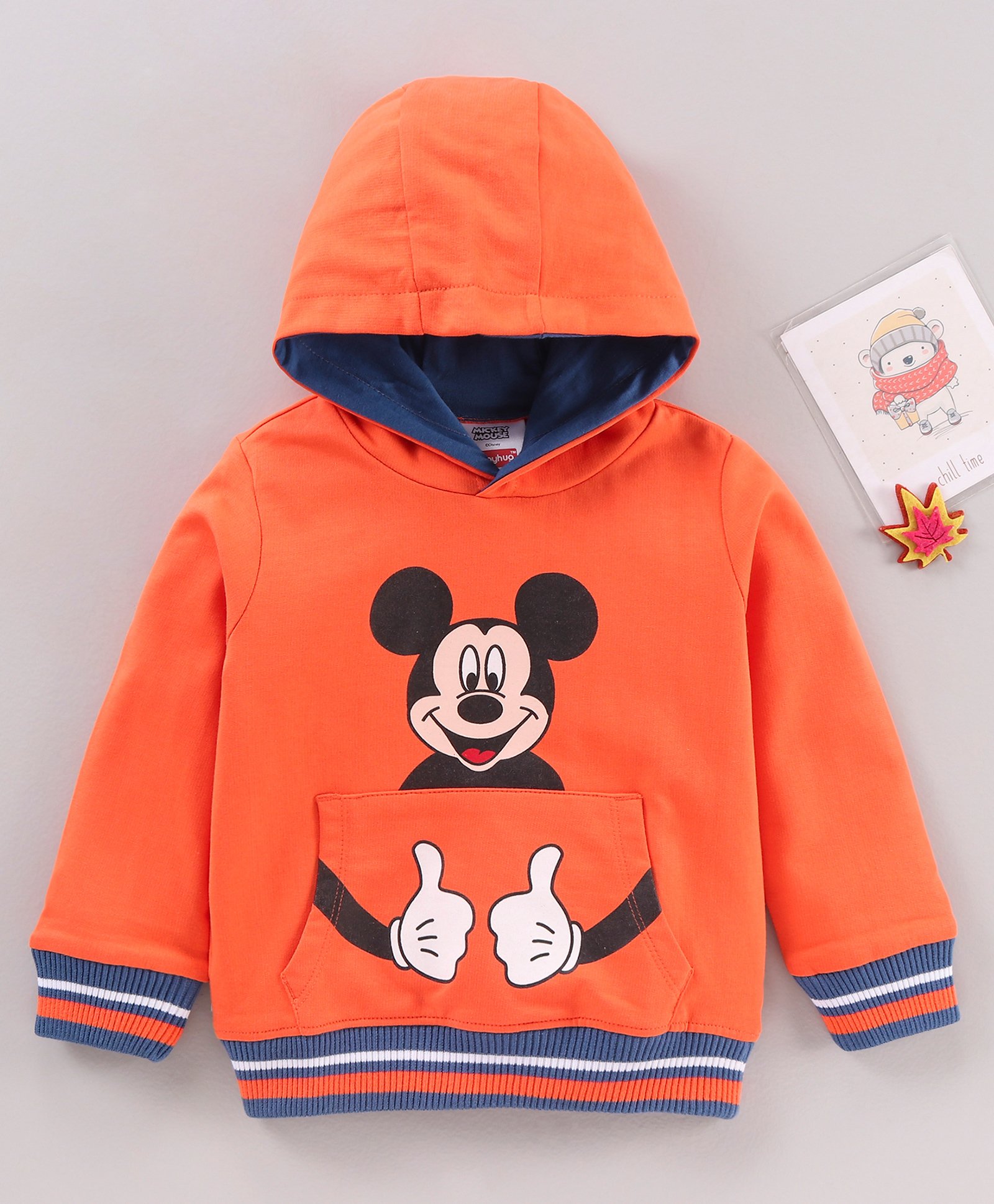 Babyhug Cotton Blend Full Sleeves Hooded Sweatshirt Mickey Mouse Print & Tipping Flat Rib - Orange-image-30