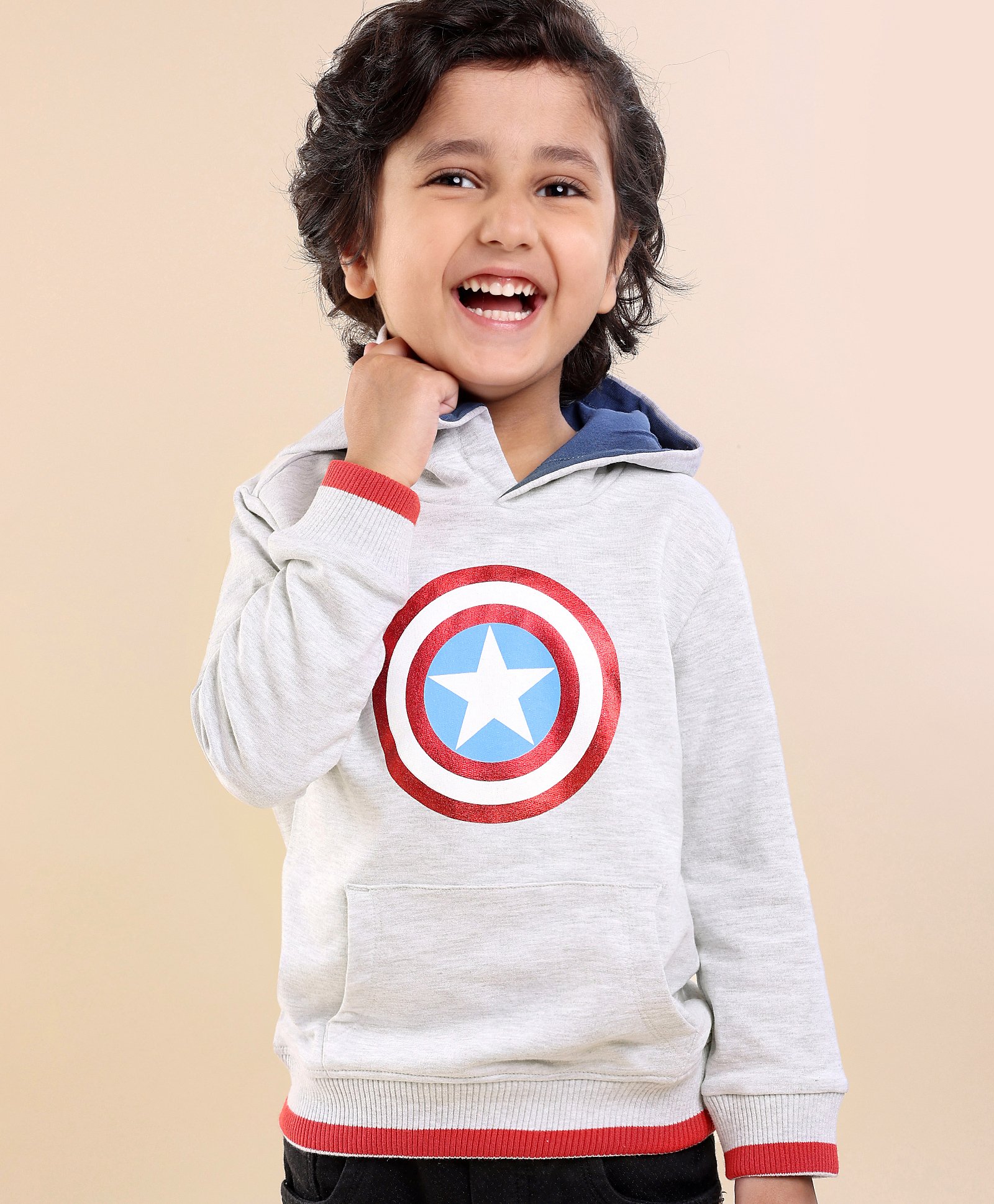 Babyhug Full Sleeves Cotton Hooded Sweatshirt Captain America Print- White Melange-image-28
