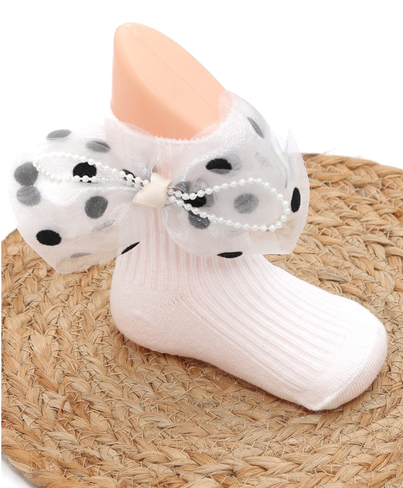 Yellow Bee Polka Print Bow Detail Ribbed Style Socks - White-image-40