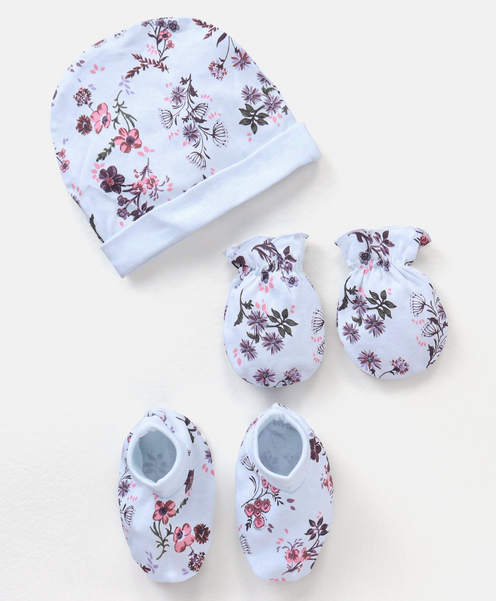 Bonfino Cotton Cap Mittens & Booties Set Floral Print Pink Blue - Diameter 12.5 cm-image-38