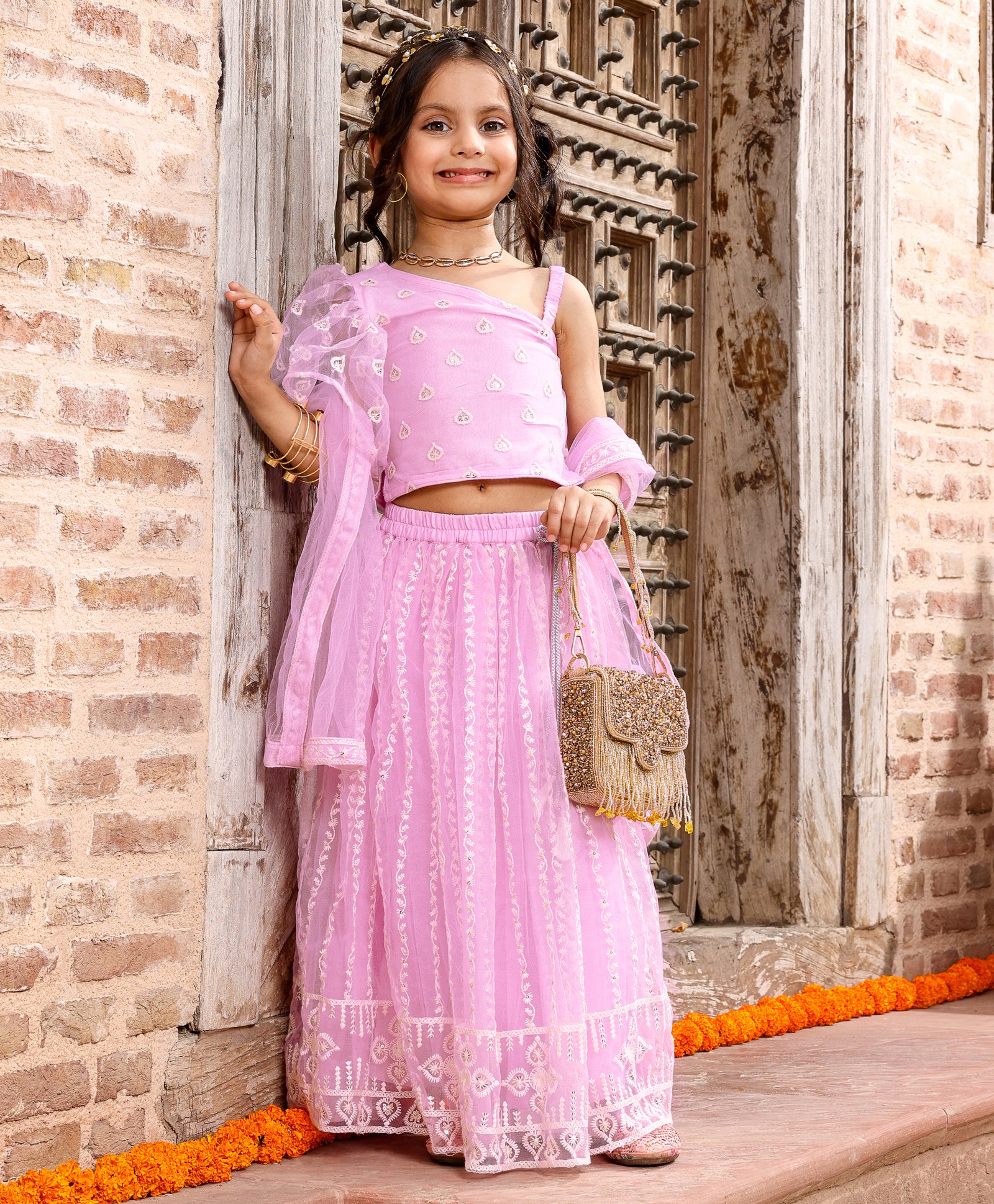 Babyhug Sleeveless Embroidered Choli Lehenga And Dupatta - Lavender-image-36
