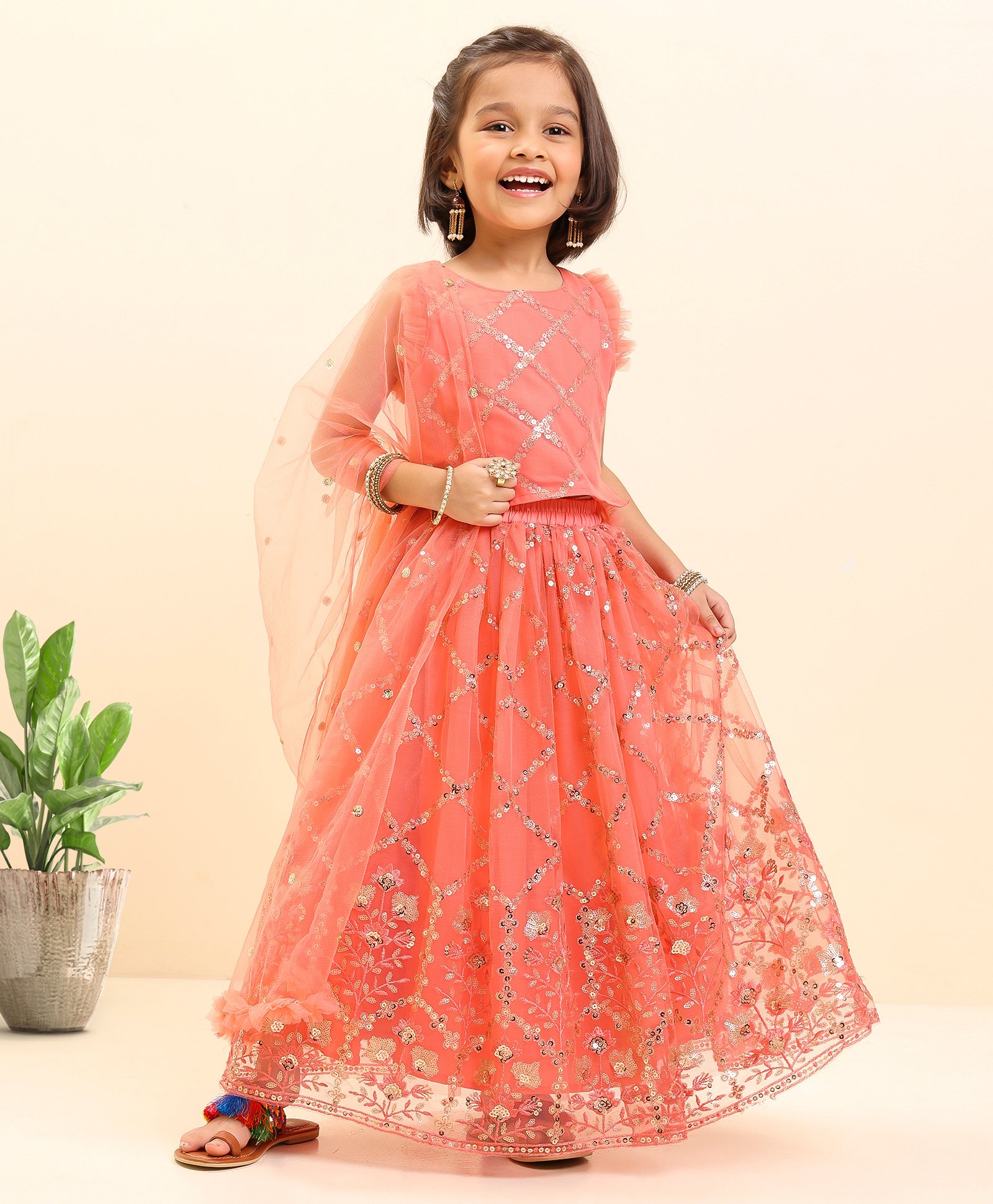 Babyhug Sleeveless Sequined Choli Lehenga & Dupatta Set with Embroidery - Coral-image-10