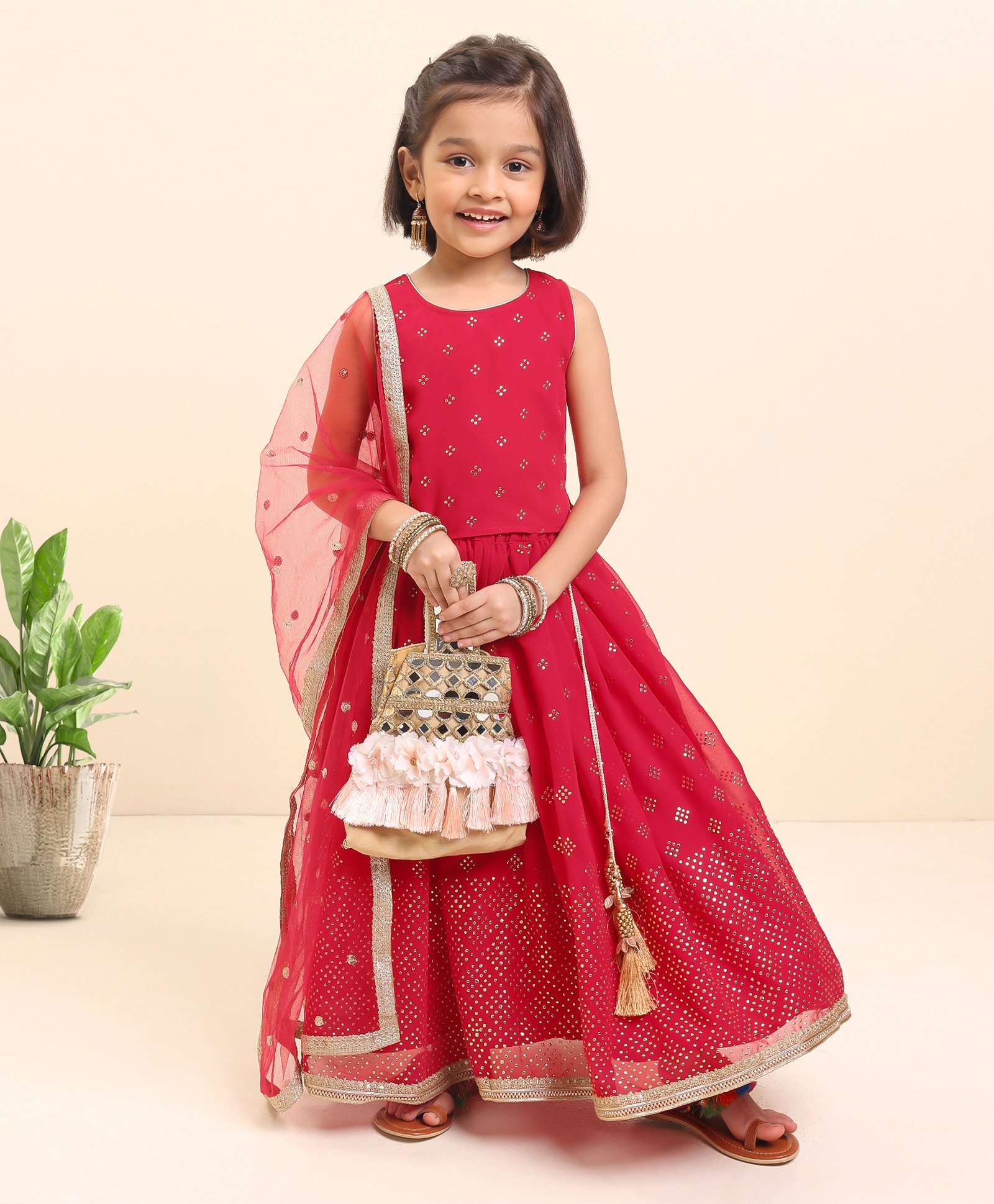 Babyhug Sleeveless Embellished Choli & Lehenga Set With Dupatta - Rasberry-picture-14