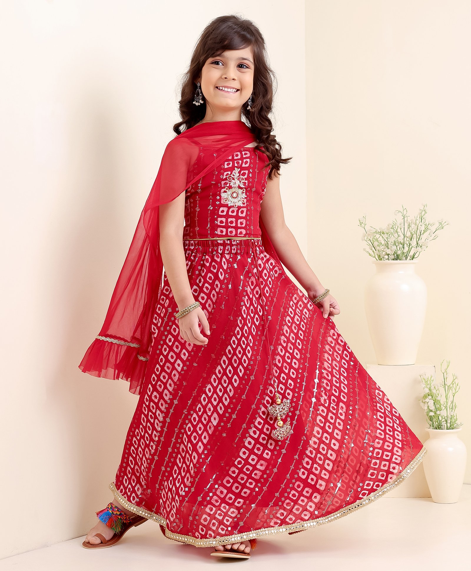 Babyhug Girls Singlet Bandhani Print Choli with Lehenga and Dupatta with Sequence All Over Sequence Detailing- Red-image-4