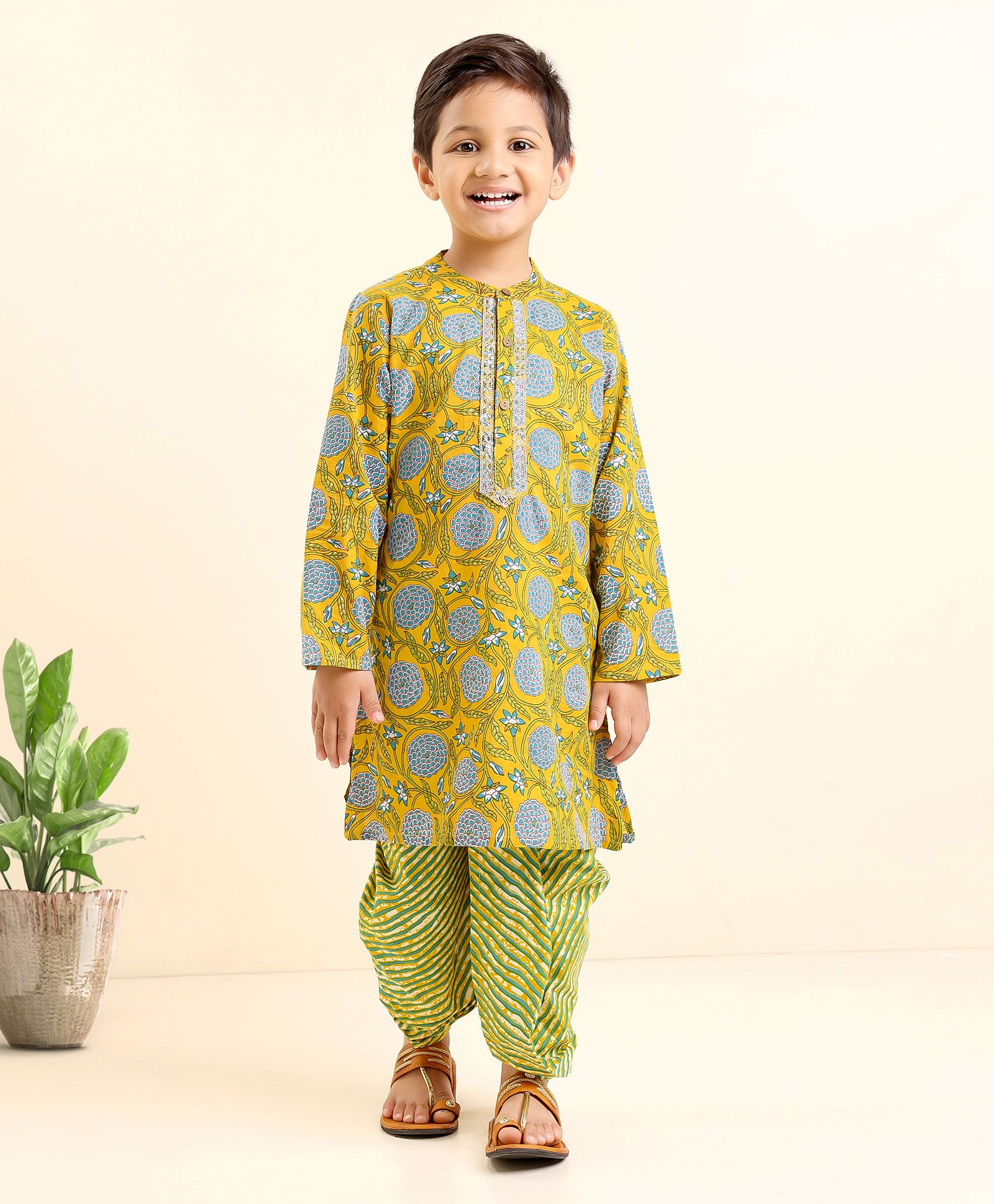 Babyhug Full Sleeves Kurta & Dhoti Set Floral Print - Yellow Green-image-1