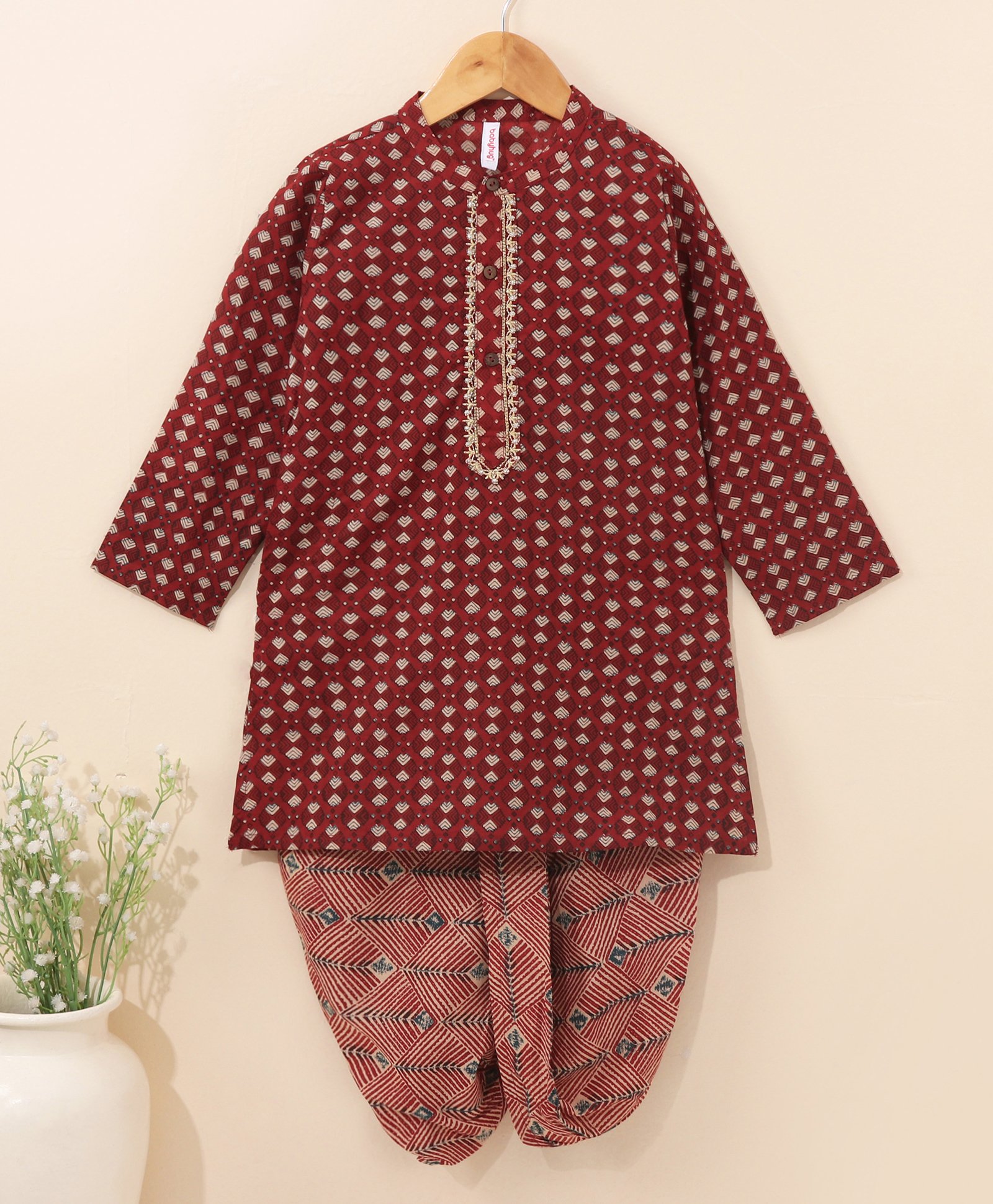 Babyhug Cotton Woven Full Sleeves Ethnic Printed Kurta & Dhoti Set - Maroon-image-9