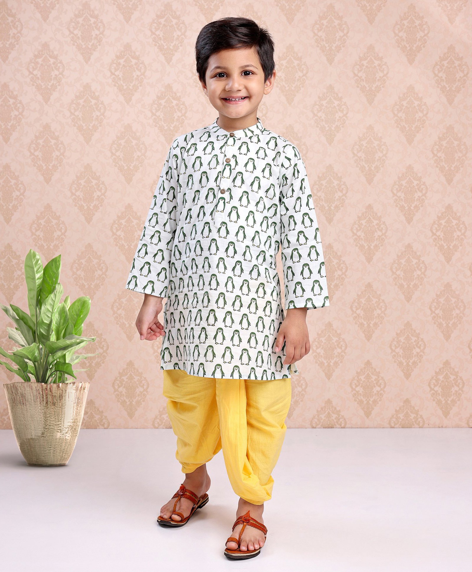 Babyhug Full Sleeves Kurta and Dhoti Set Penguin Print- Off White-picture-22