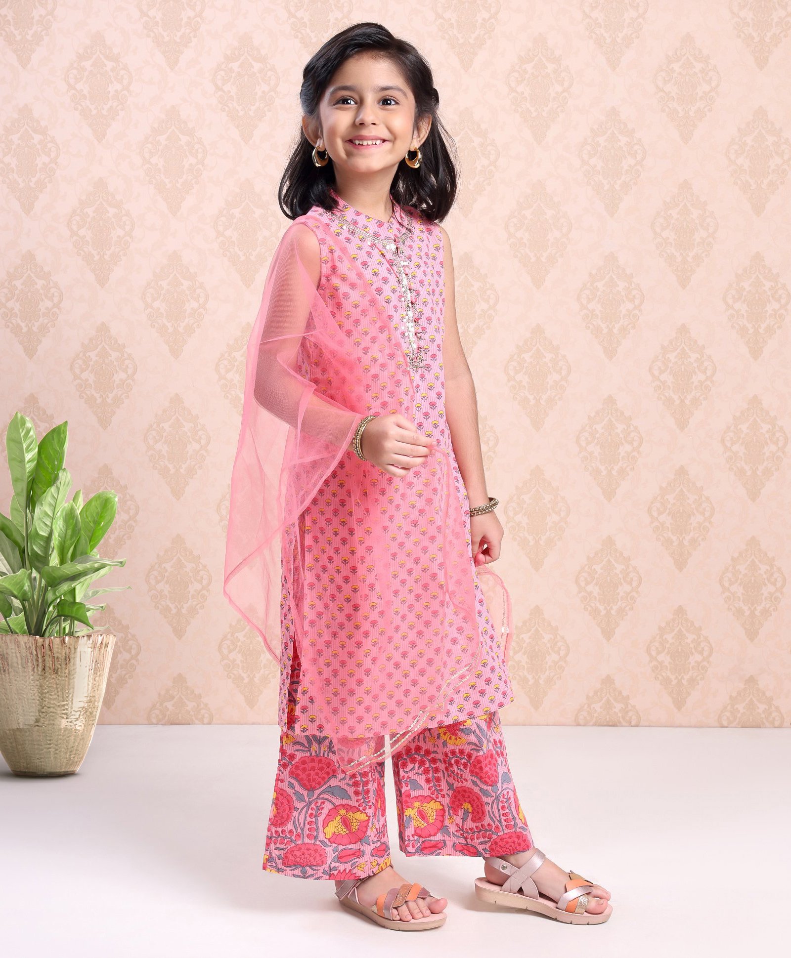 Babyhug Sleeveless Printed Kurti & Palazzo With Dupatta Sequin Detailing - Pink-image-15