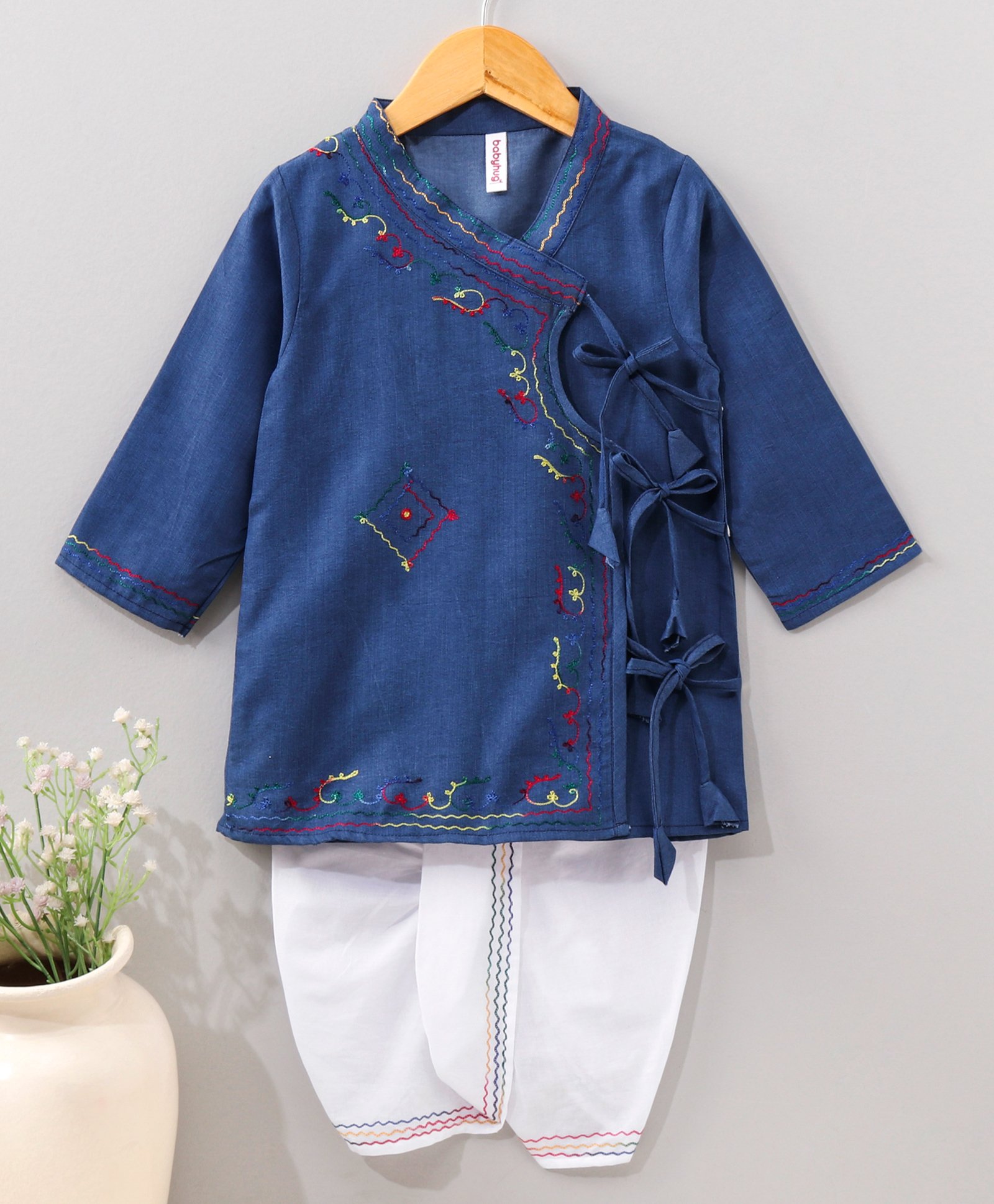 Babyhug Cotton Full Sleeves Kurta and Dhoti Set with Embroidery Solid Colour - Denim Blue-picture-23