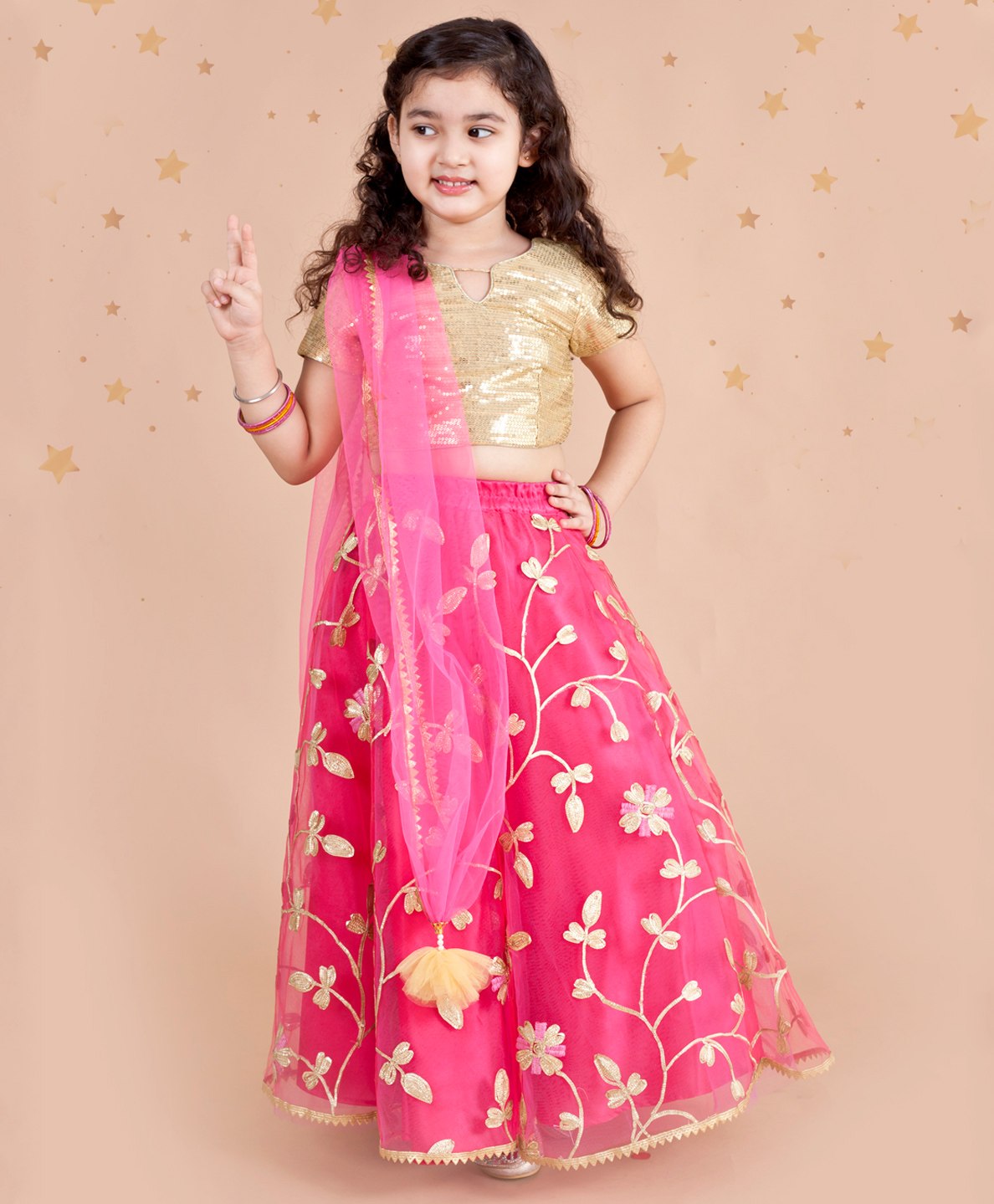 Pspeaches Short Sleeves Sequins Embellished Choli & Floral Zari Embroidered Lehenga With Dupatta Set - Gold & Magenta-picture-17