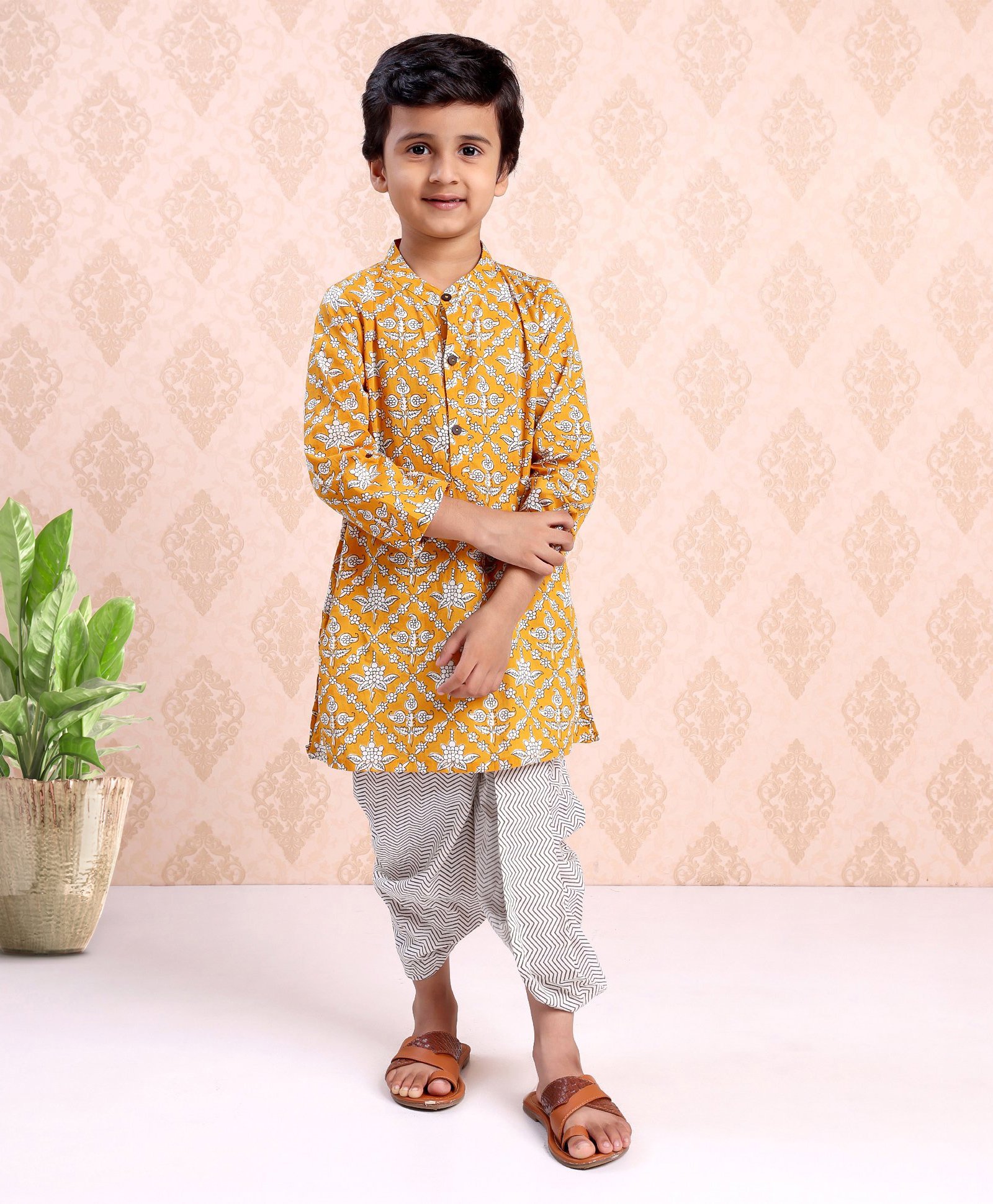 Babyhug Full Sleeves Kurta & Dhoti Floral Print - Yellow White-image-1