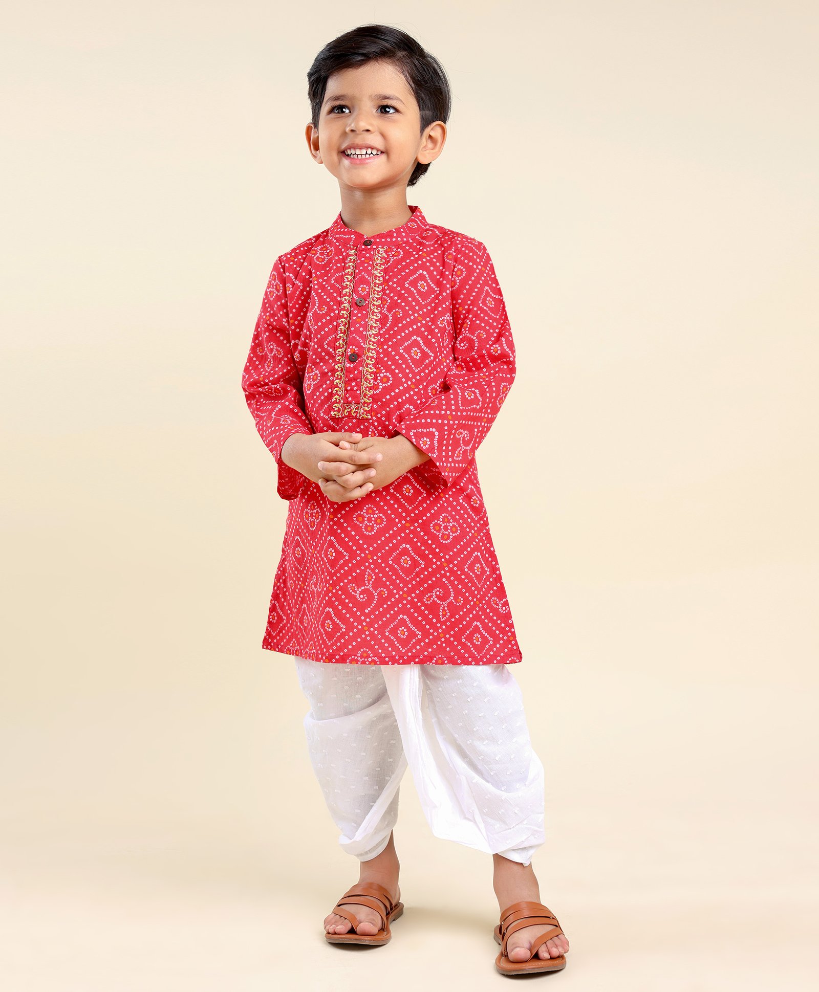 Babyhug  Full Sleeve Bandhani Print Kurta with Dobby Dhoti - Red-picture-20