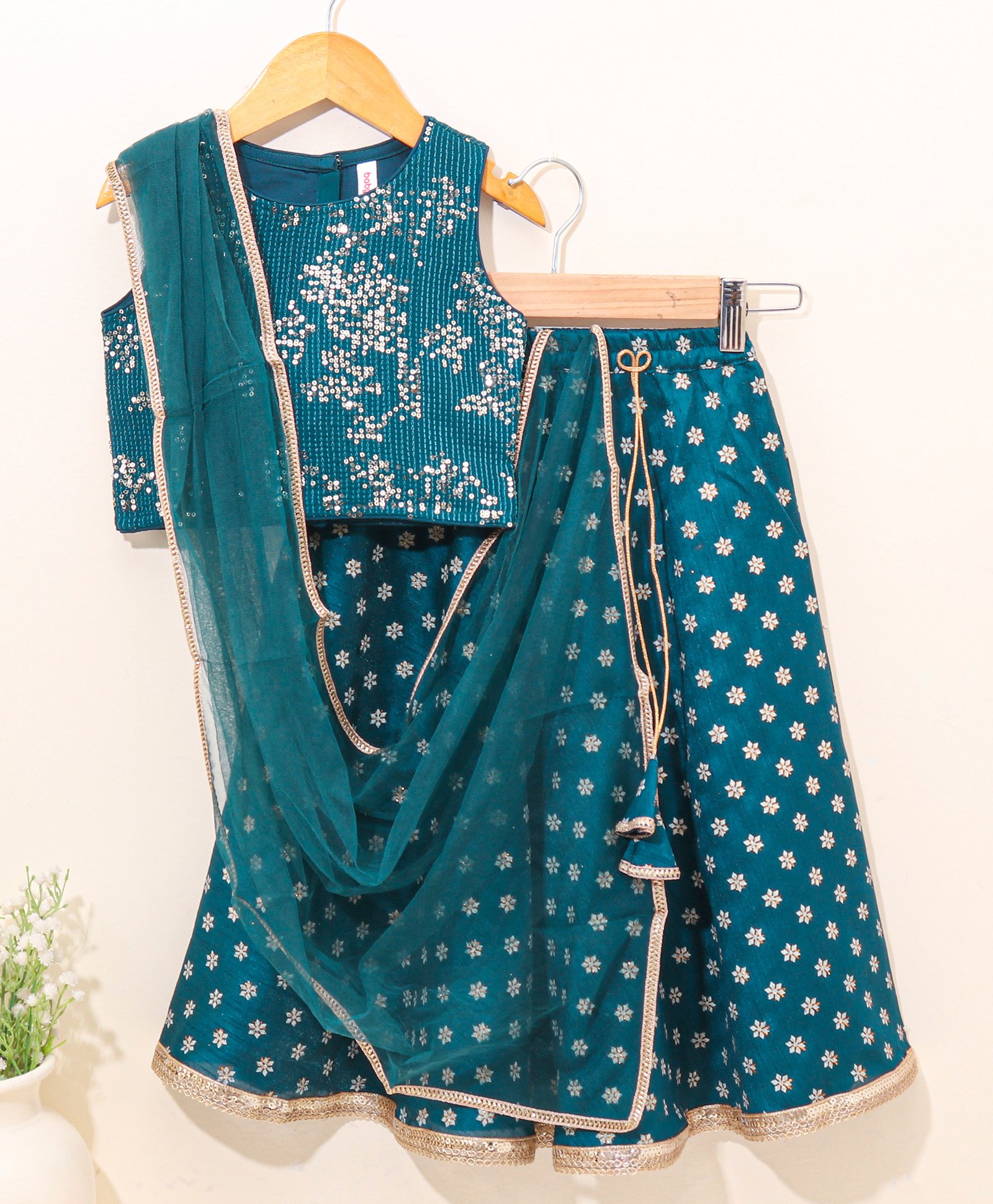 Babyhug Sleeveless Choli & Lehenga with Dupatta Embellished - Blue-image-10
