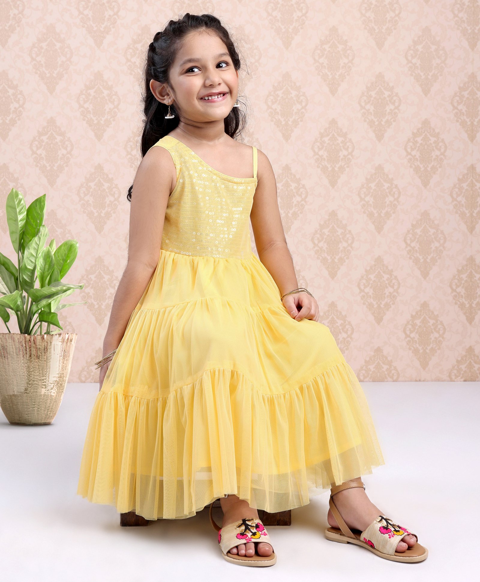 Babyhug Sleeveless Ethnic Dress With Sequin Detailing- Yellow-image-0
