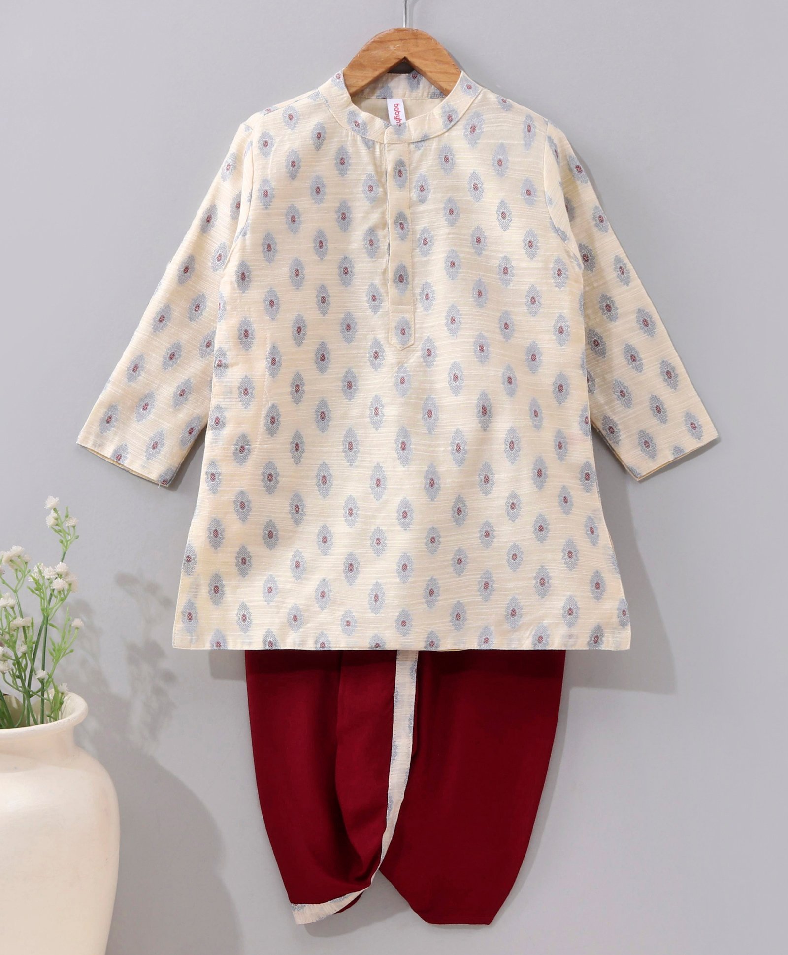 Babyhug Full Sleeves Brocade Kurta & Dhoti Set  All Over Printed - White Red-picture-23