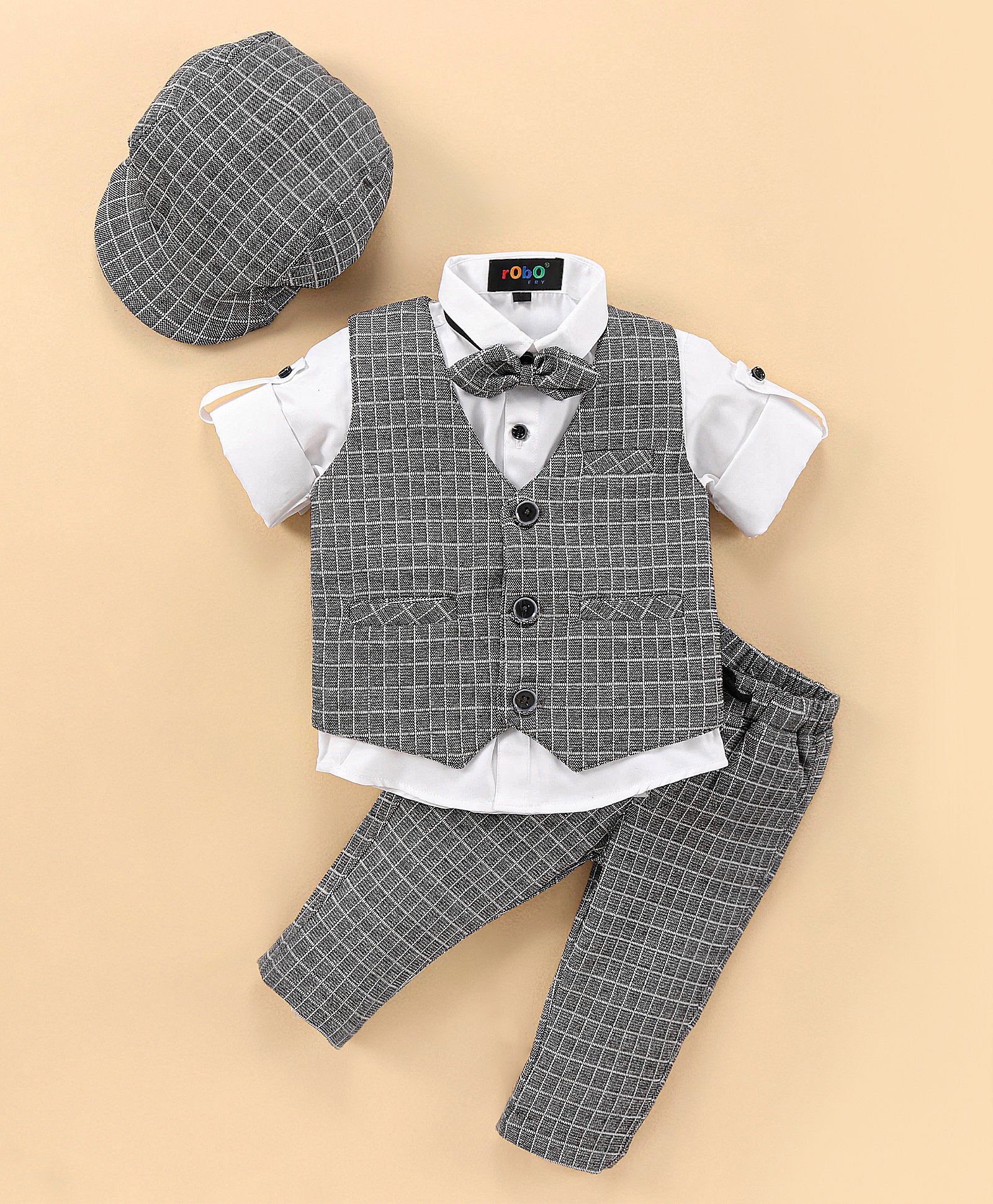 Robo Fry Full Sleeves Shirt And Pant Set With Waistcoat Bow & Cap Checked - Grey-picture-14