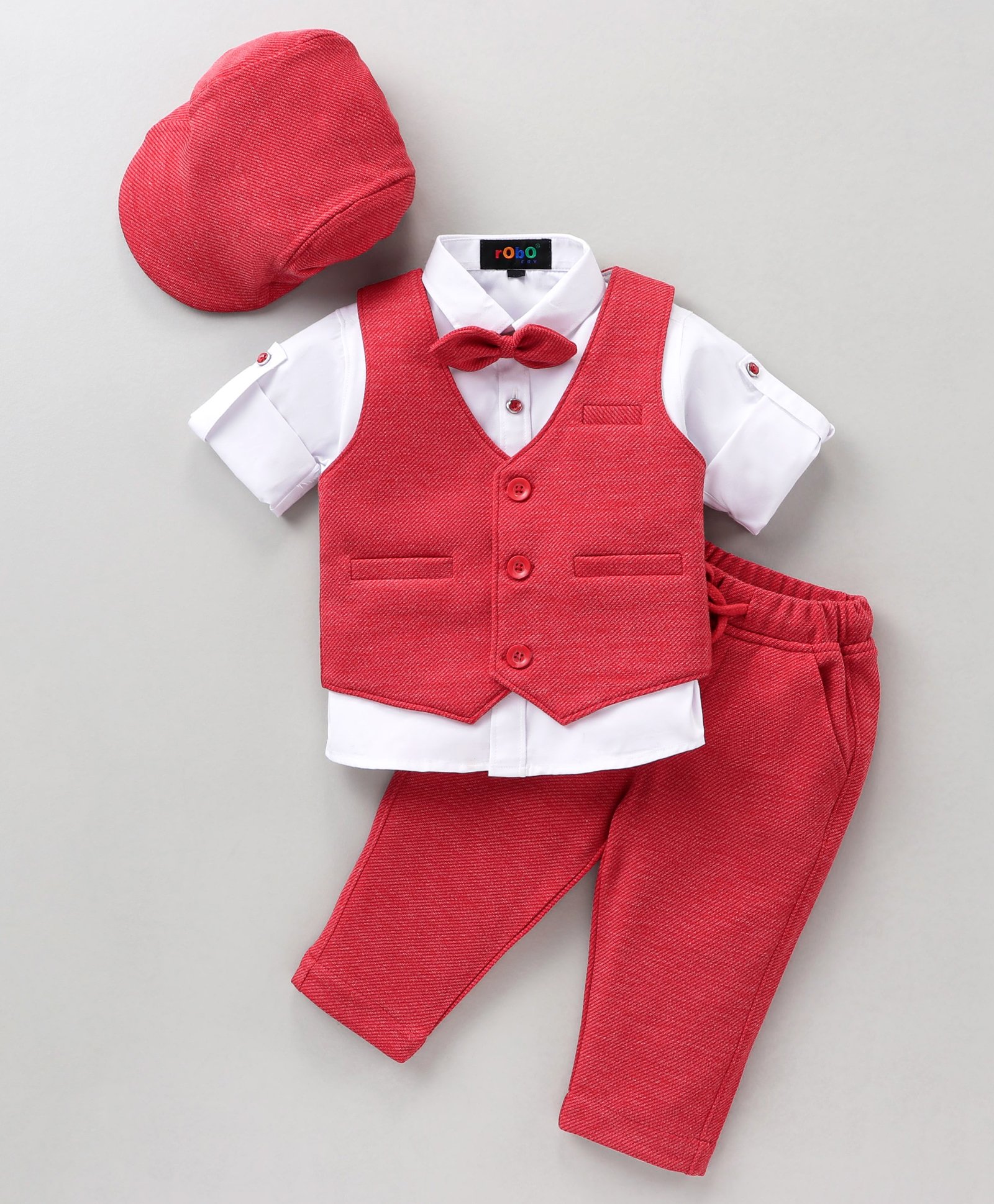 Robo Fry Full Sleeves Solid Color Party Suit with Bow and Cap - Pink White-picture-24