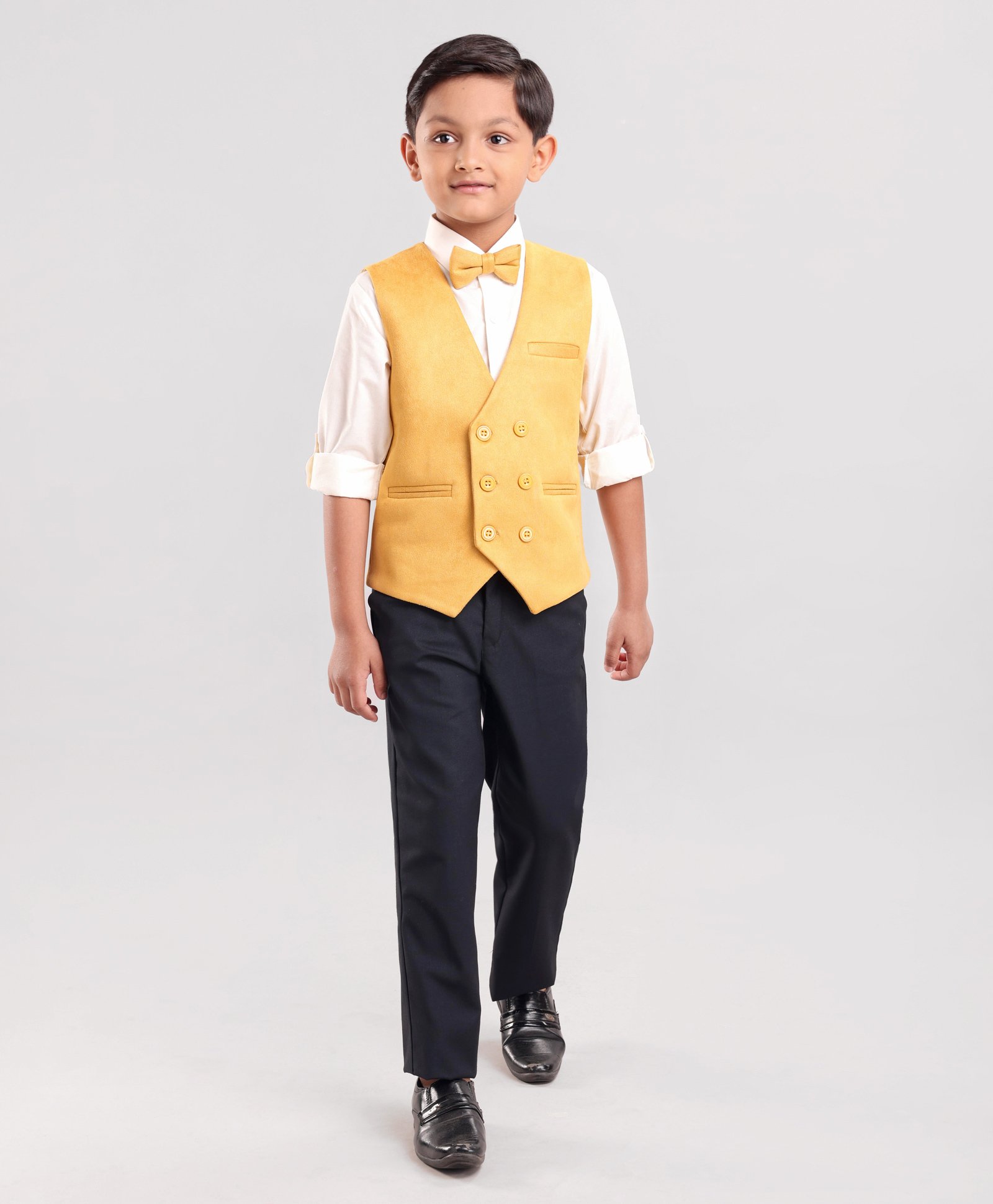 Robo Fry Full Sleeves 3 Pieces Party Suit With Bow - Yellow-picture-13