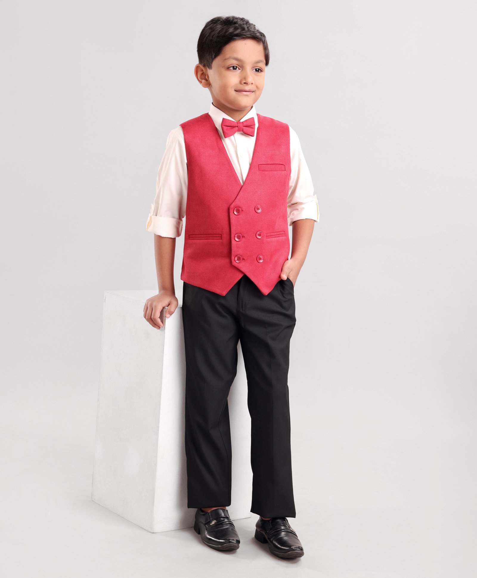 Robo Fry Full Sleeves 3 Pieces Party Suit With Bow - Red-picture-23