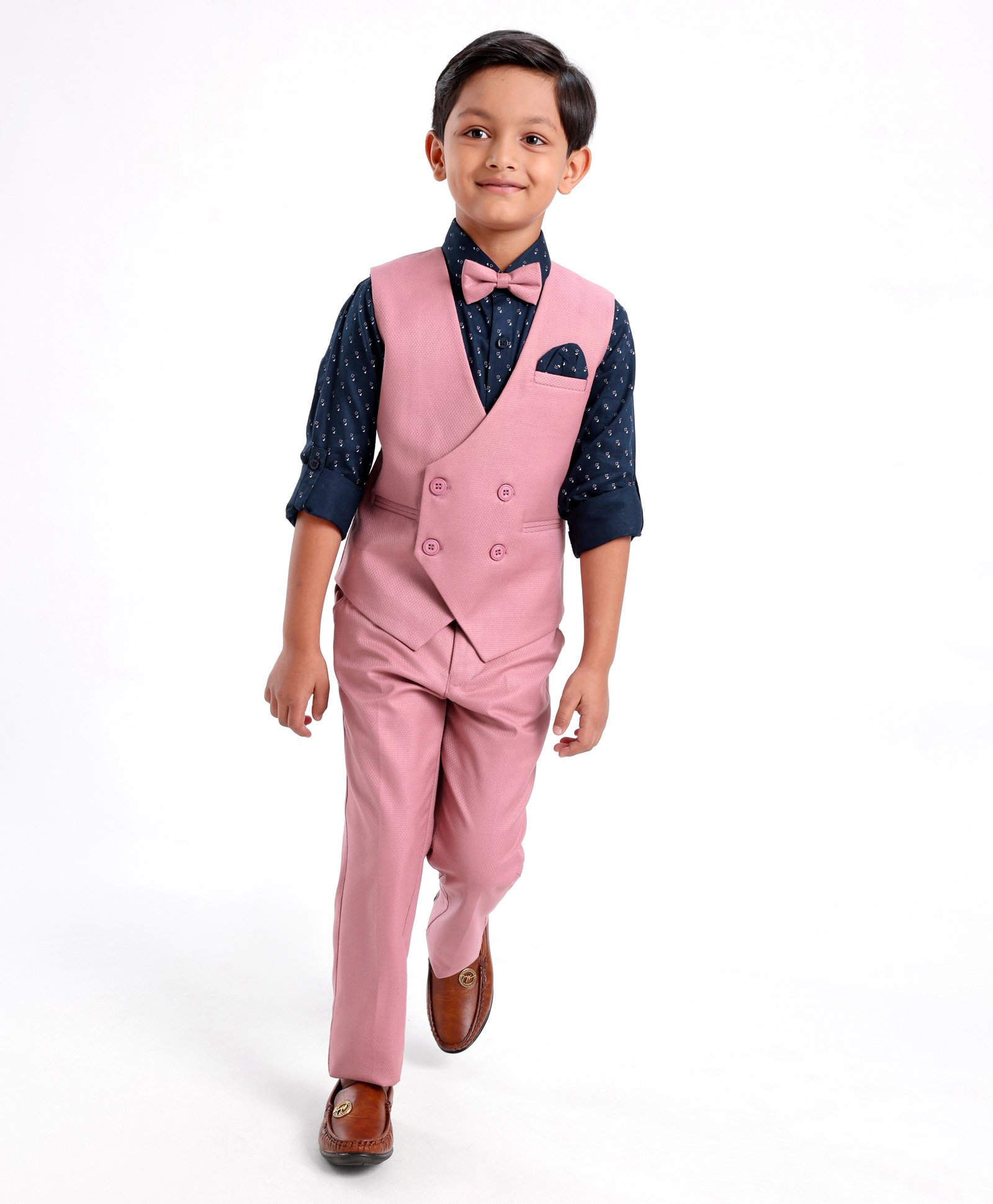 Robo Fry Full Sleeves 3 Pieces Party Suit With Bow - Light Pink Navy Blue-picture-21