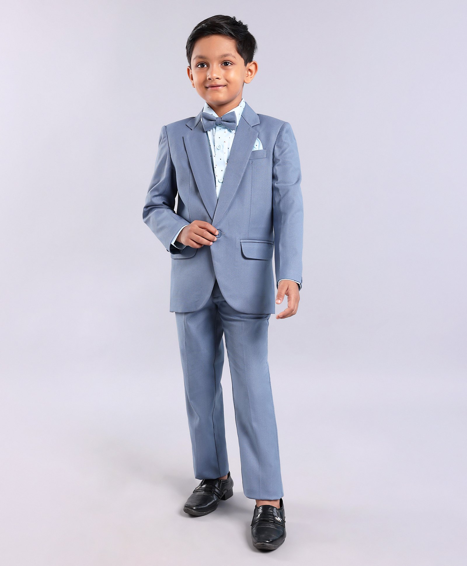 Robo Fry Full Sleeves Textured Party Suit with Bow Tie - Blue-picture-29