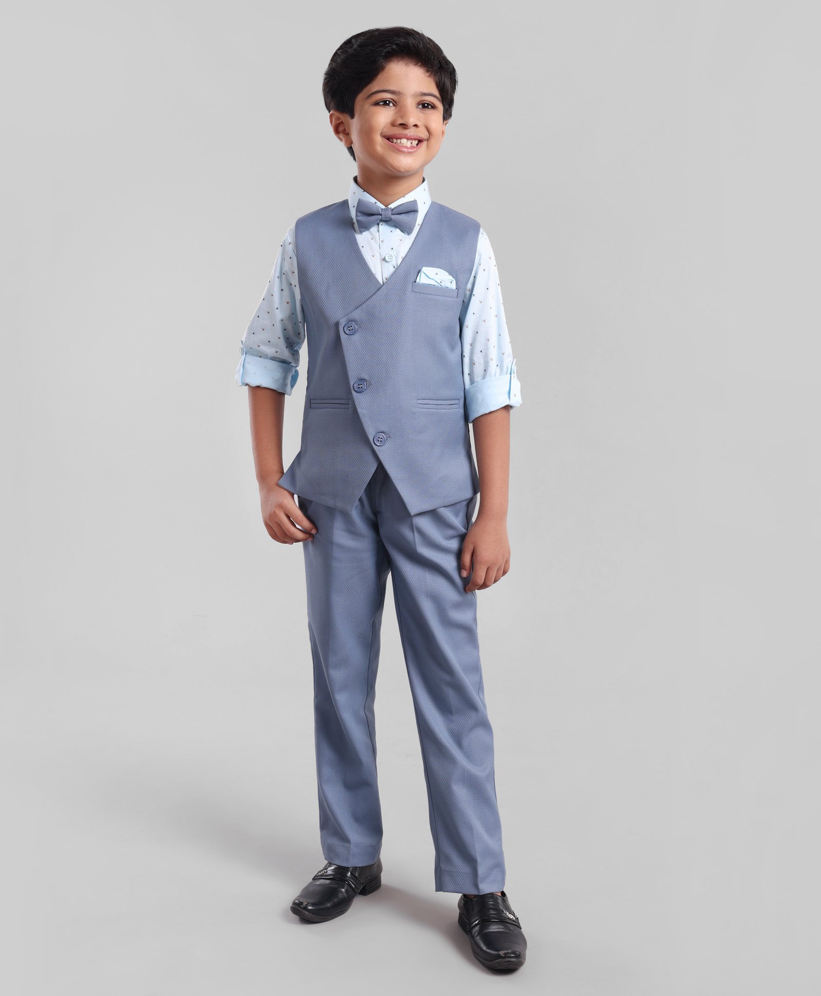 Robo Fry Full Sleeves Textured Party Suit with Bow - Blue-picture-27